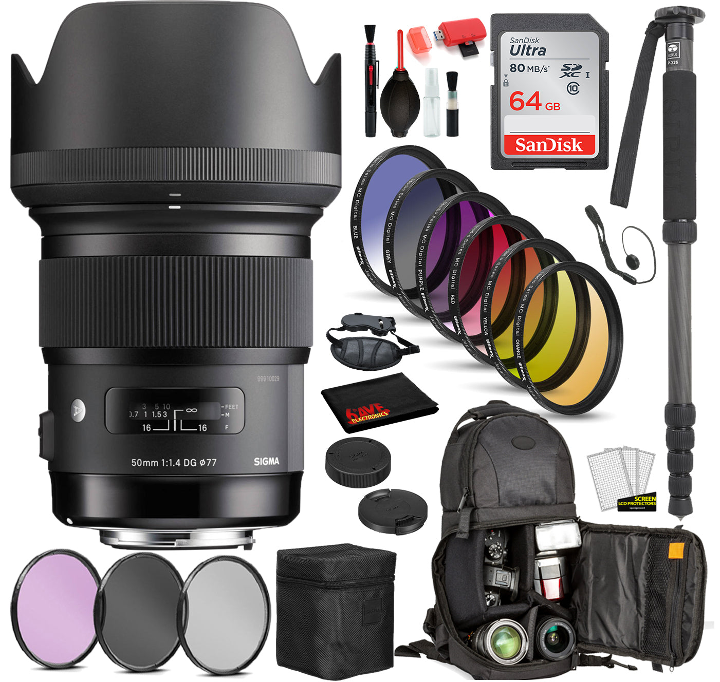 Sigma 50mm f/1.4 DG HSM Art Lens for Nikon F with Bundle: Sandisk 64gb SD Card, 9PC Filter Kit + More