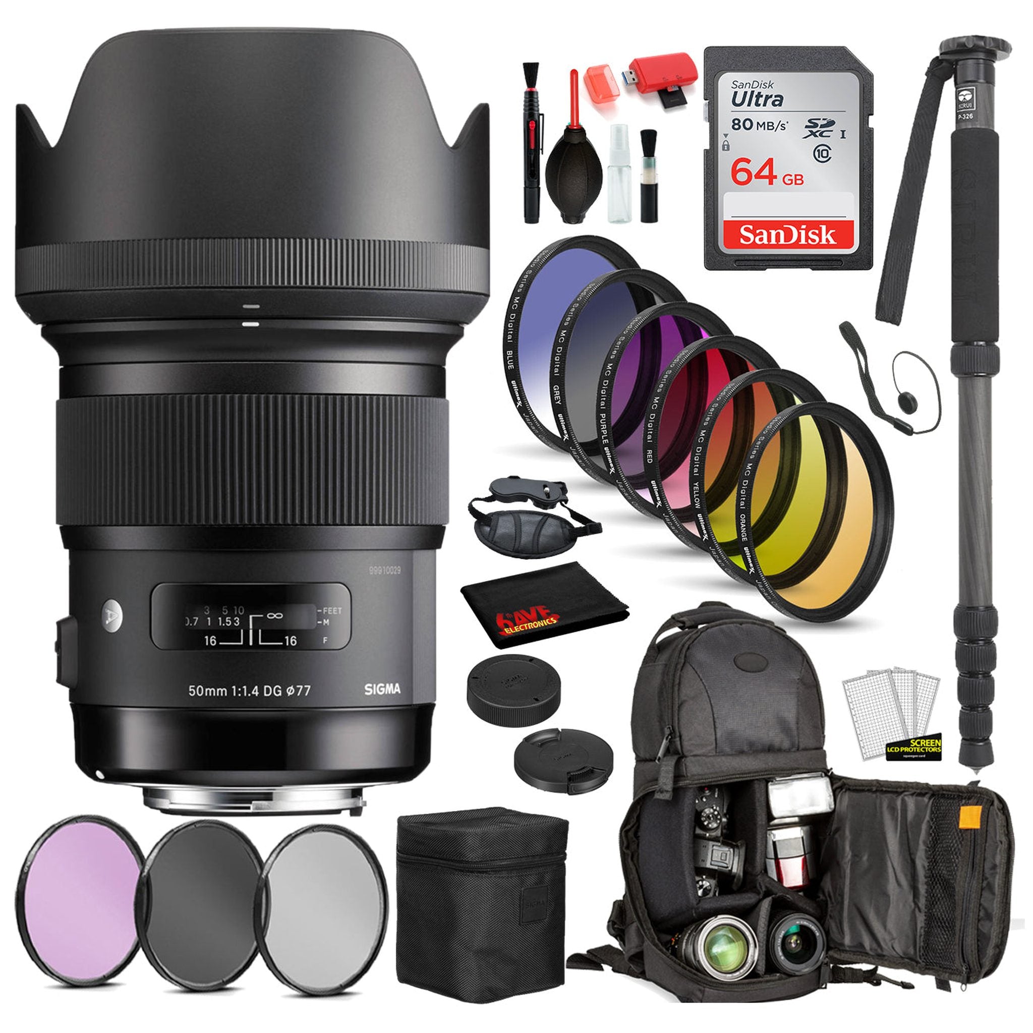 Sigma 50mm f/1.4 DG HSM Art Lens for Nikon F with Bundle: Sandisk 64gb SD Card, 9PC Filter Kit + More