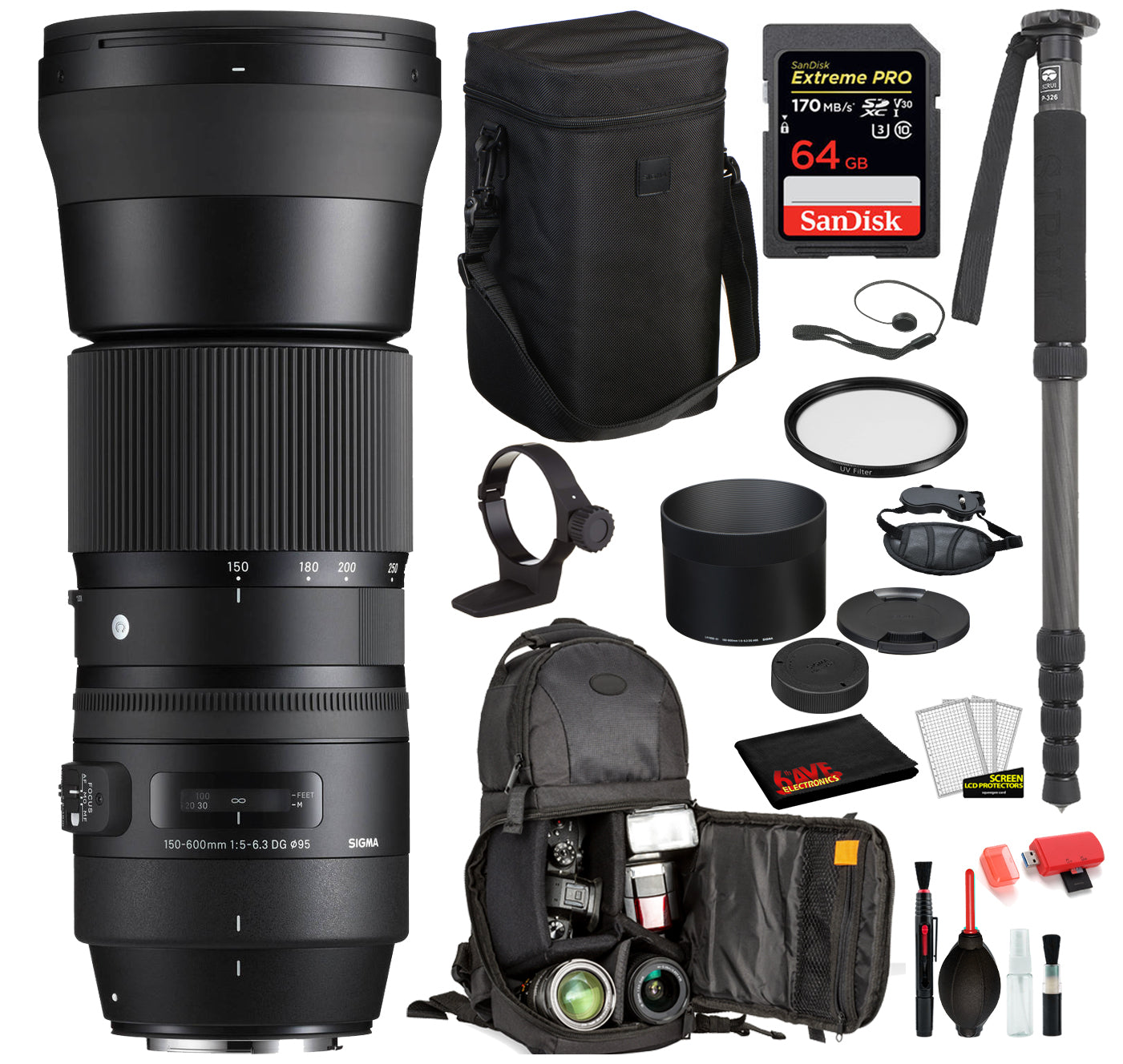 Sigma 150-600mm f/5-6.3 DG OS HSM Contemporary Lens for Nikon F with Bundle: UV Filter + SanDisk Pro 64gb SD + More