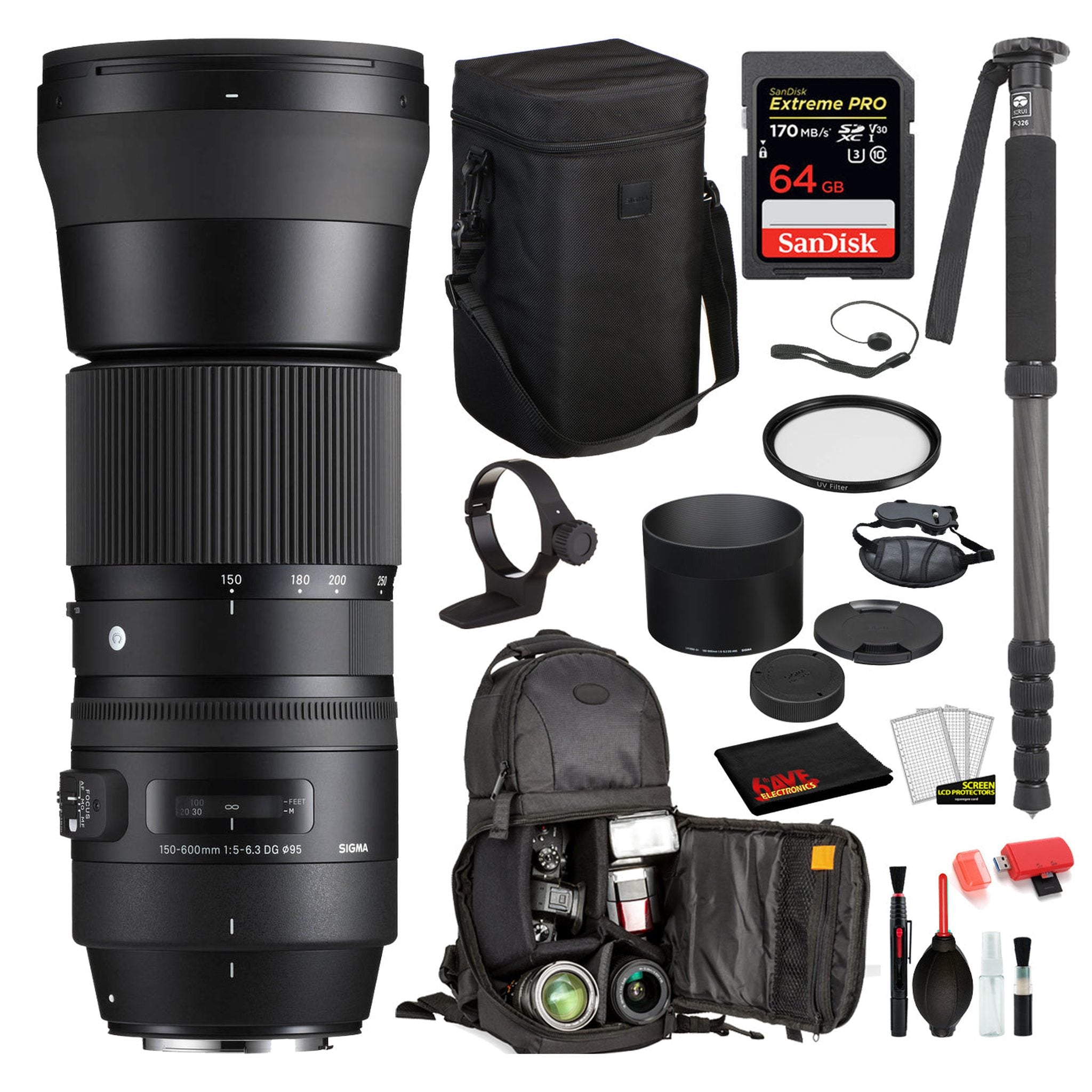 Sigma 150-600mm f/5-6.3 DG OS HSM Contemporary Lens for Nikon F with Bundle: UV Filter + SanDisk Pro 64gb SD + More