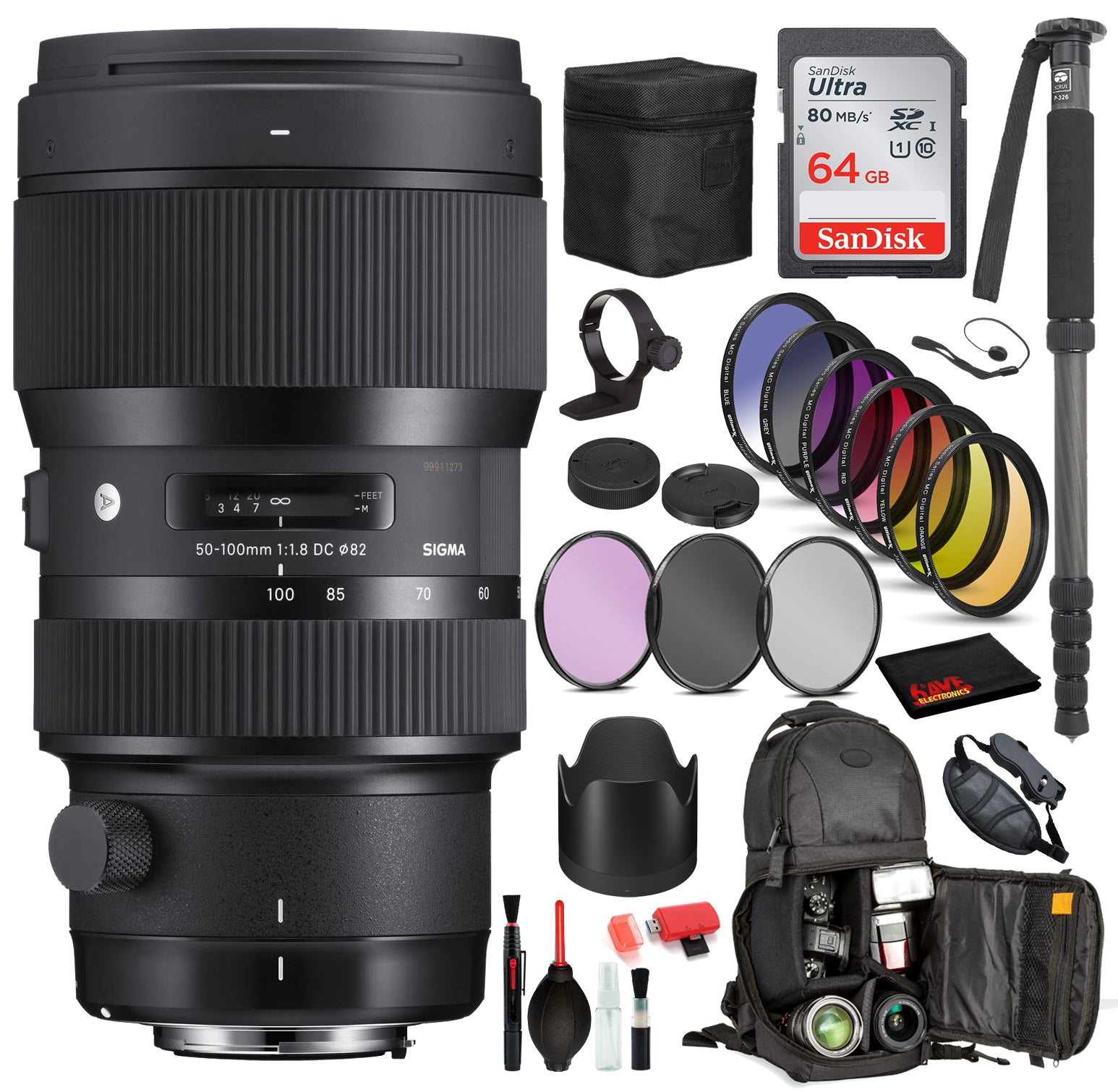 Sigma 50-100mm f/1.8 DC HSM Art Lens for Nikon F with Bundle Includes: Sandisk 64gb SD Card, 9PC Filter Kit + More