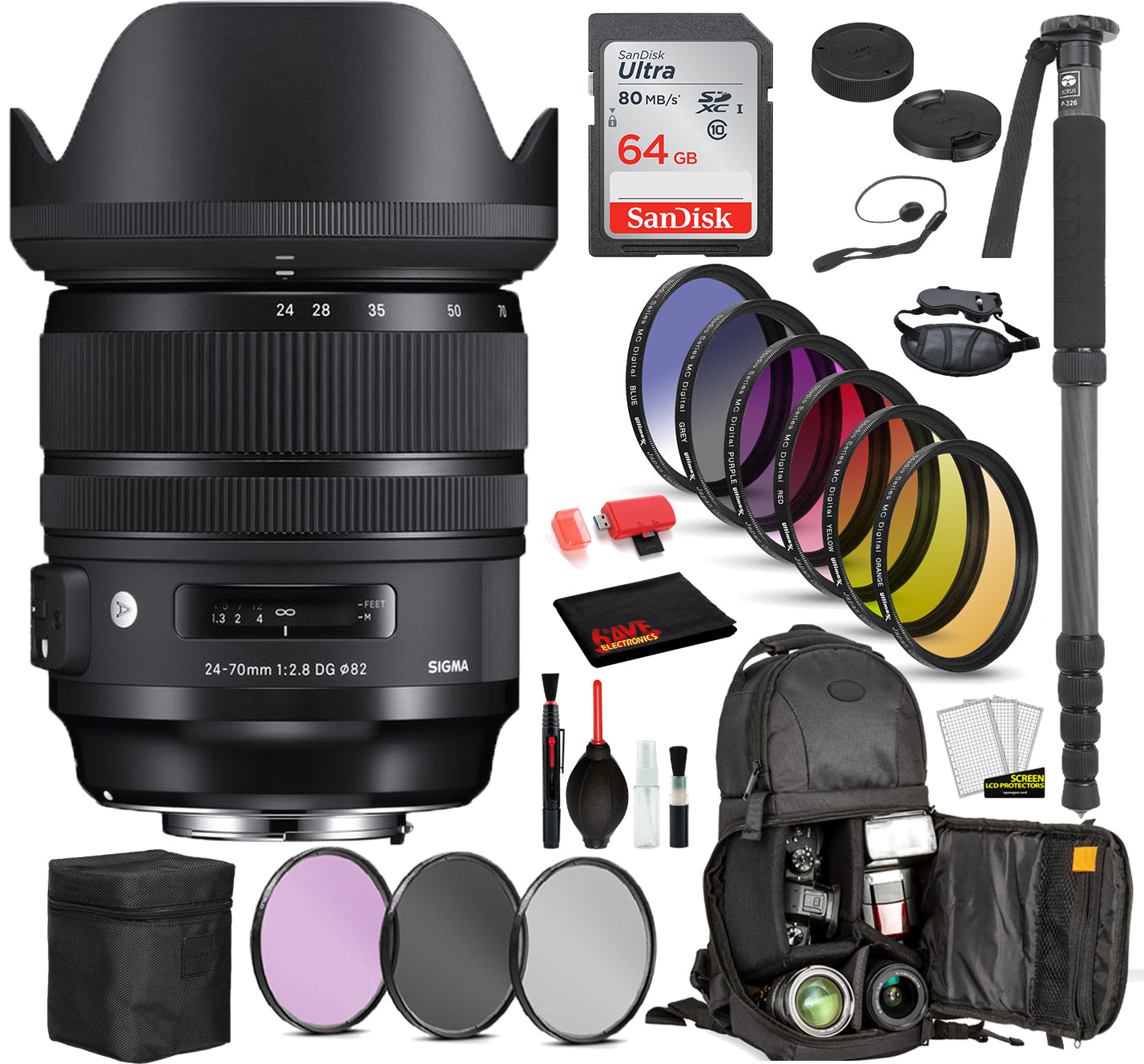 Sigma 24-70mm f/2.8 DG OS HSM Art Lens for Nikon F with Bundle Includes: Sandisk 64gb SD Card, 9PC Filter Kit + More