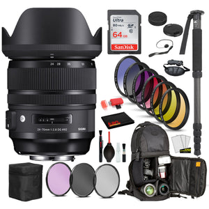 Sigma 24-70mm f/2.8 DG OS HSM Art Lens for Nikon F with Bundle Includes: Sandisk 64gb SD Card, 9PC Filter Kit + More Sigma