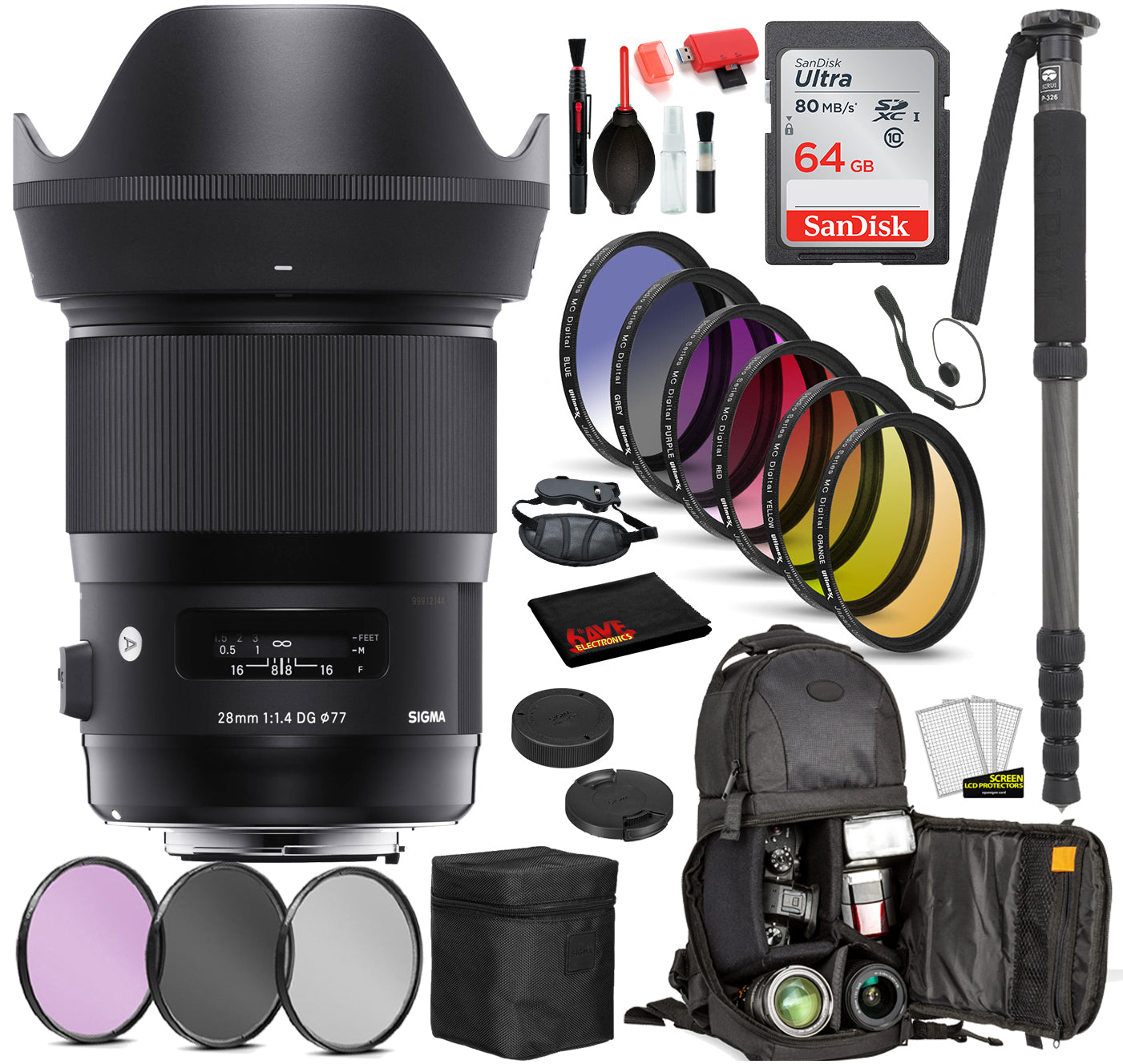 Sigma 28mm f/1.4 DG HSM Art Lens for NikonF with Bundle: Sandisk 64gb SD Card, 9PC Filter Kit + More