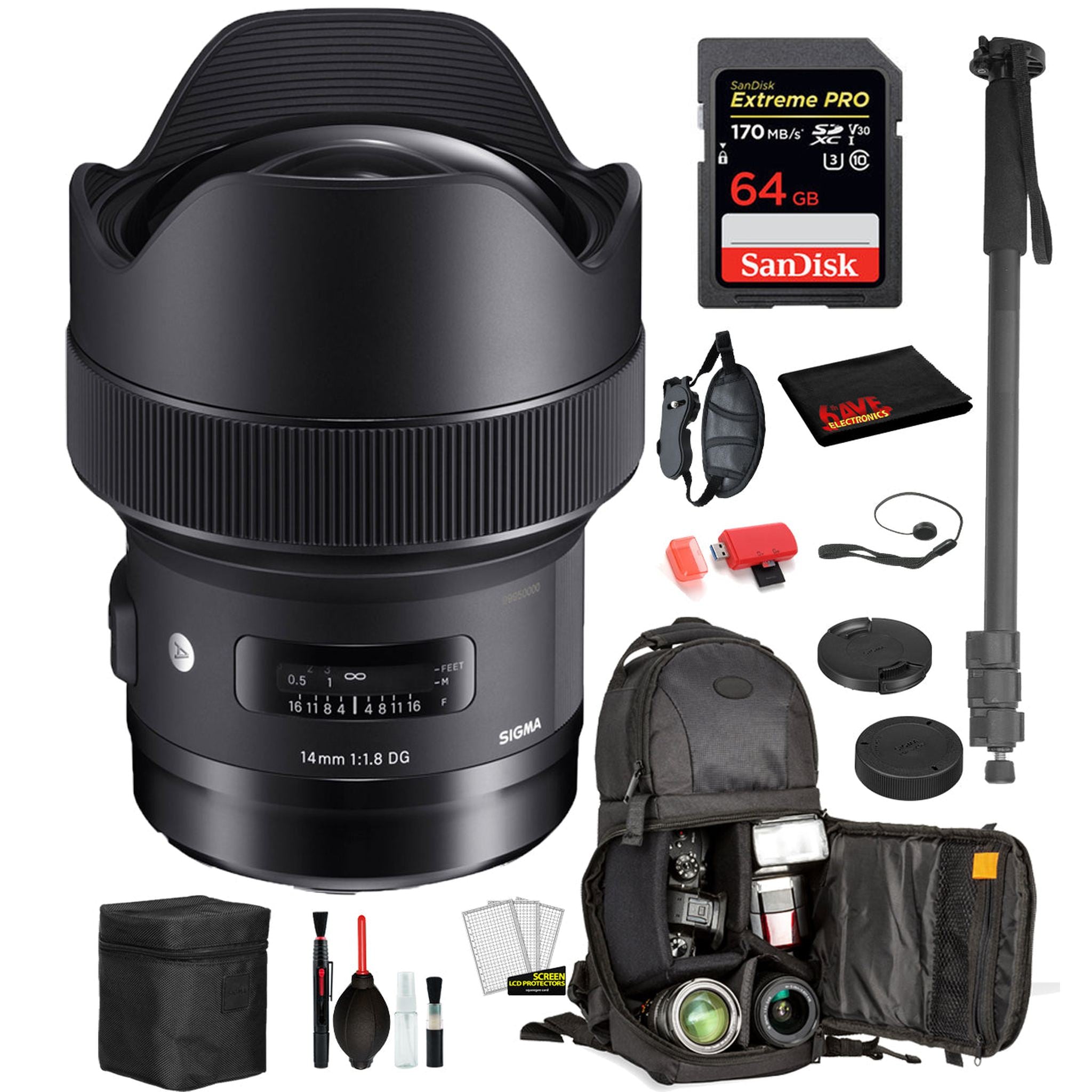 Sigma 14mm f/1.8 DG HSM Art Lens for Nikon F with Bundle: Sandisk extreme Pro 64gb SD Card, Sling Backpack + More
