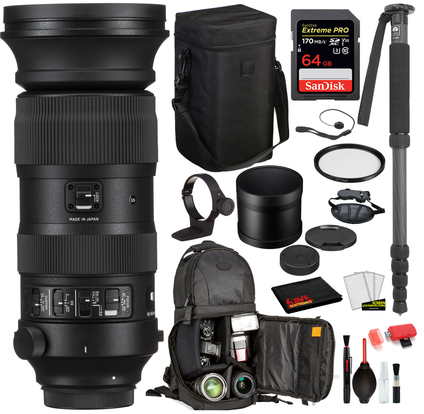 Sigma 60-600mm f/4.5-6.3 DG OS HSM Sports Lens for Nikon F with Bundle: SanDisk Extreme Pro 64gb SD Card + More