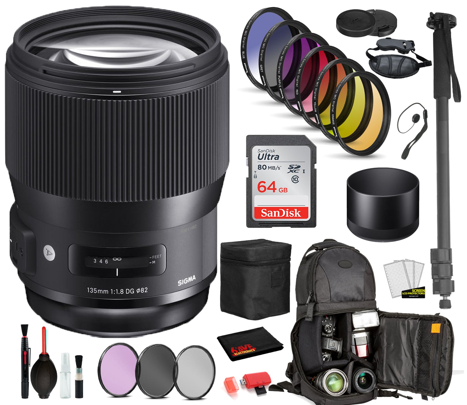 Sigma 135mm f/1.8 DG HSM Art Lens for Sony E Mount (240965) with: Sandisk 64gb SD Card, 9PC Filter Kit + More