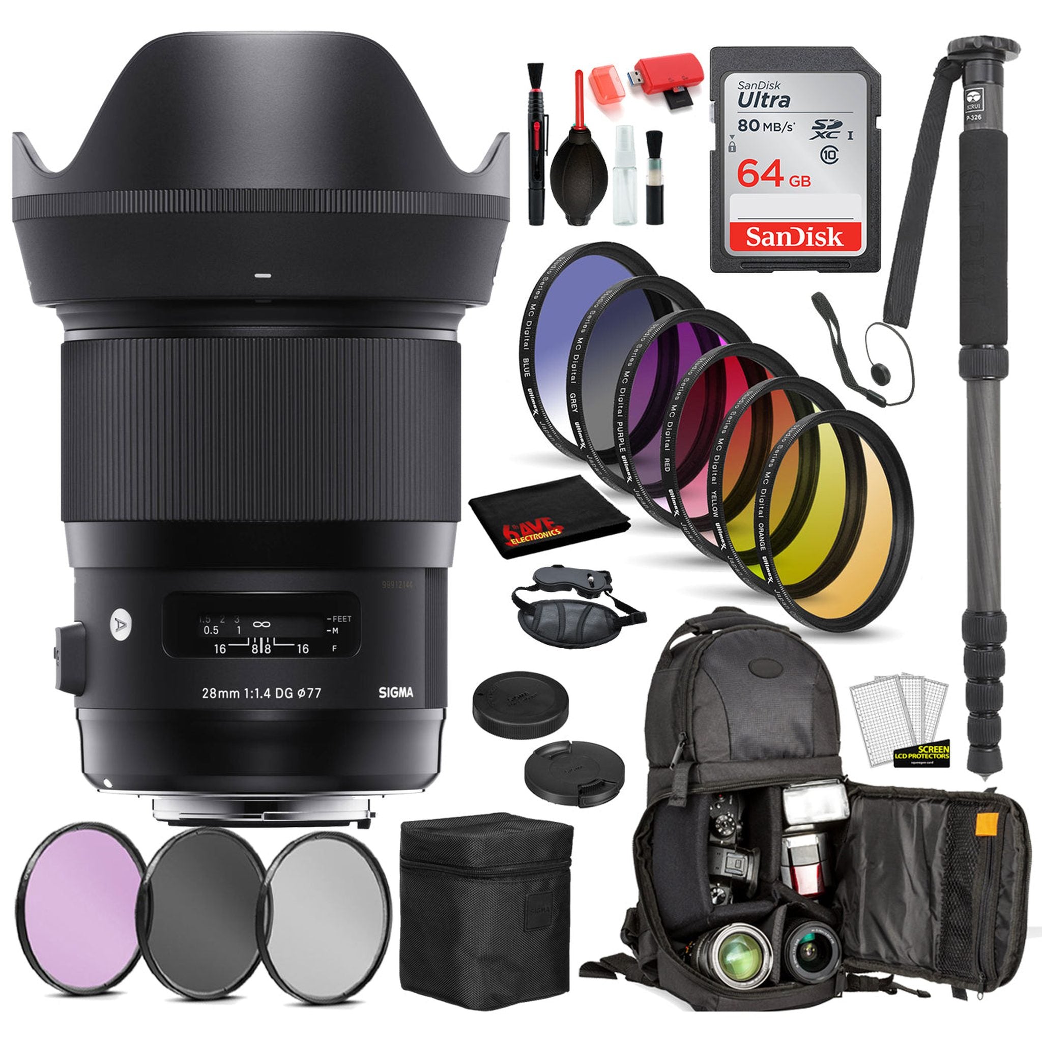 Sigma 28mm f/1.4 DG HSM Art Lens for Sony E Mount 441965 with: Sandisk 64gb SD Card, 9PC Filter Kit + More