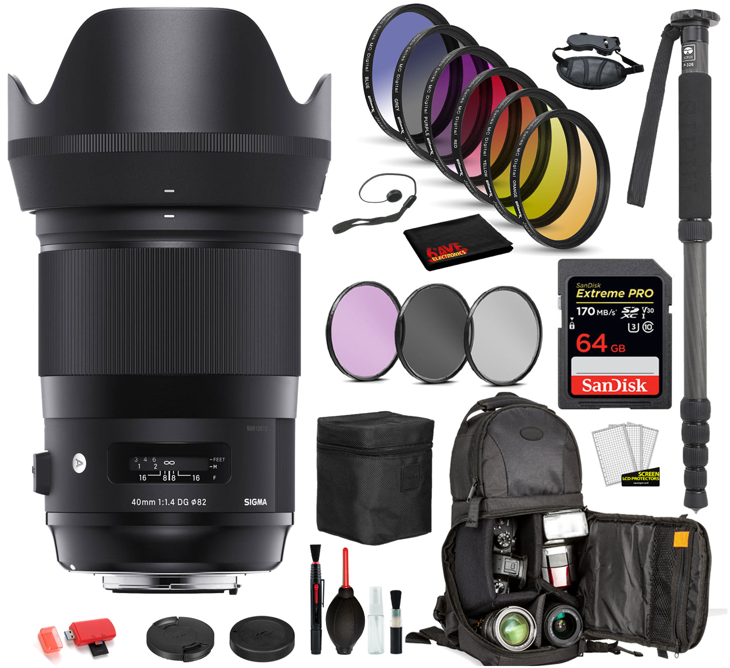 Sigma 40mm f/1.4 DG HSM Art Lens for Sony E Mount (332965) with: Sandisk Extreme Pro 64gb SD Card, 9PC Filter Kit + More