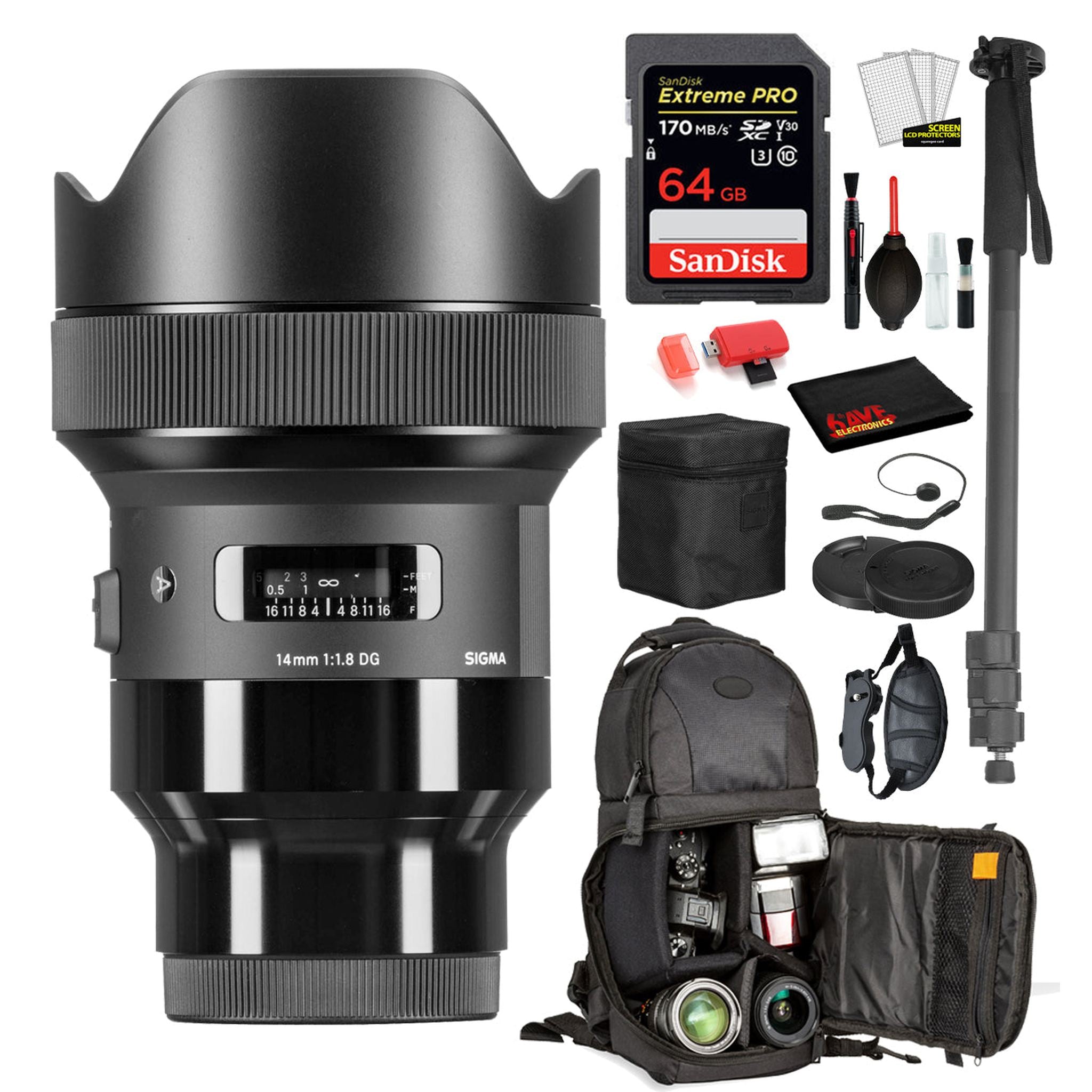 Sigma 14mm f/1.8 DG HSM Art Lens for Sony E Mount 450965 with: Sandisk extreme Pro 64gb SD Card, Sling Backpack + More