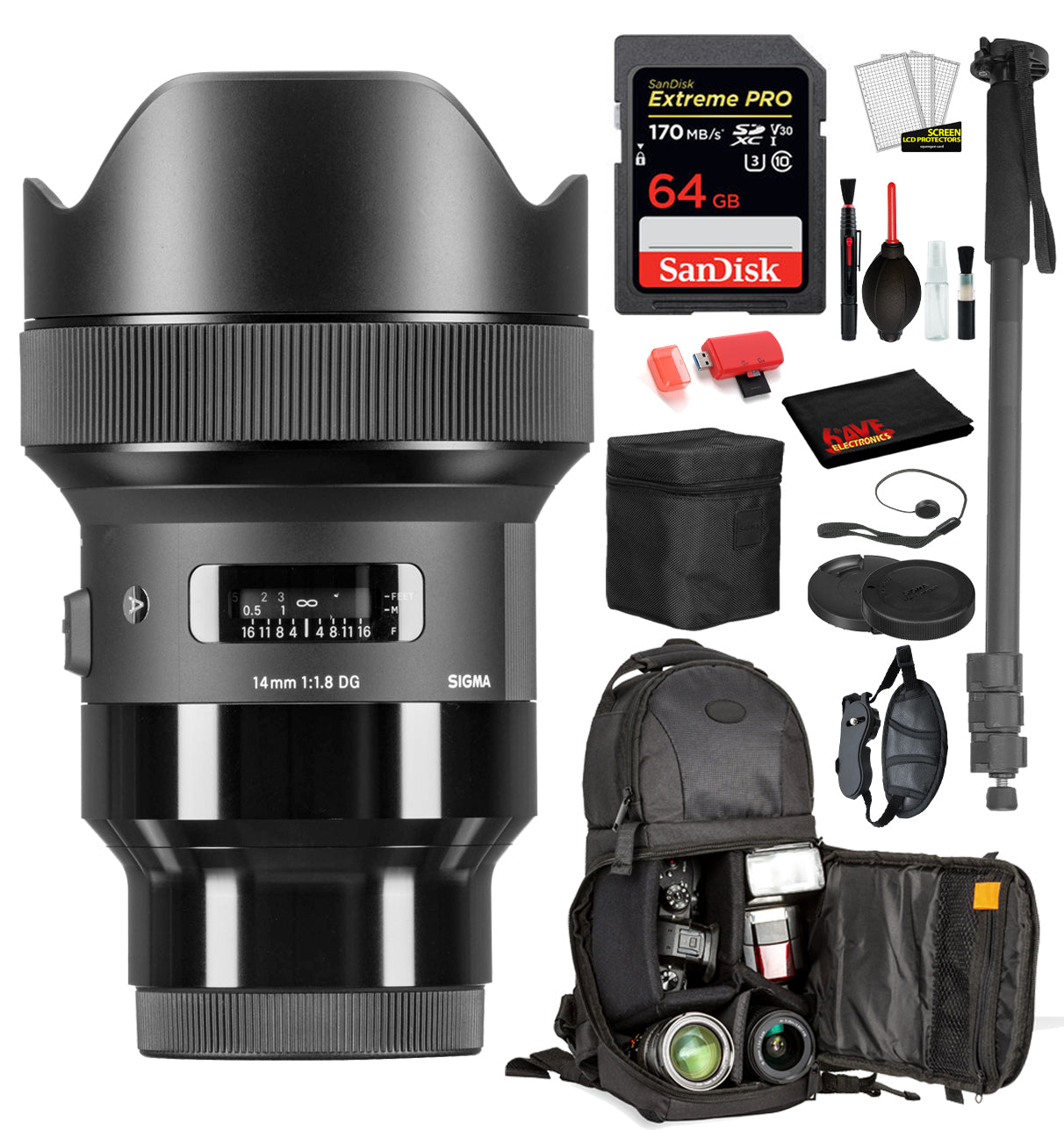Sigma 14mm f/1.8 DG HSM Art Lens for Sony E Mount 450965 with: Sandisk extreme Pro 64gb SD Card, Sling Backpack + More