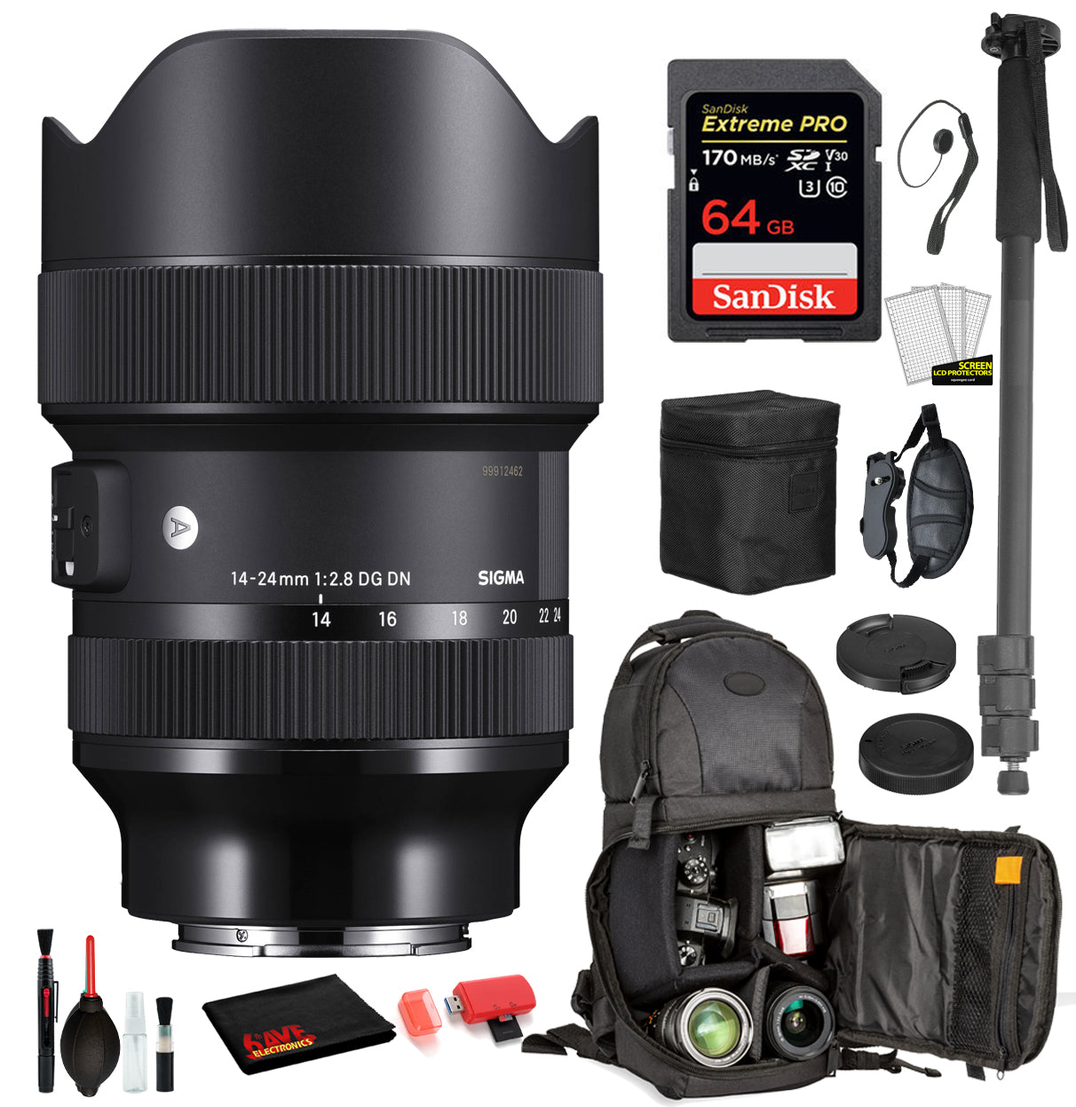 Sigma 14-24mm f/2.8 DG HSM Art Lens for Sony E Mount with: Sandisk extreme Pro 64gb SD Card, Sling Backpack + More