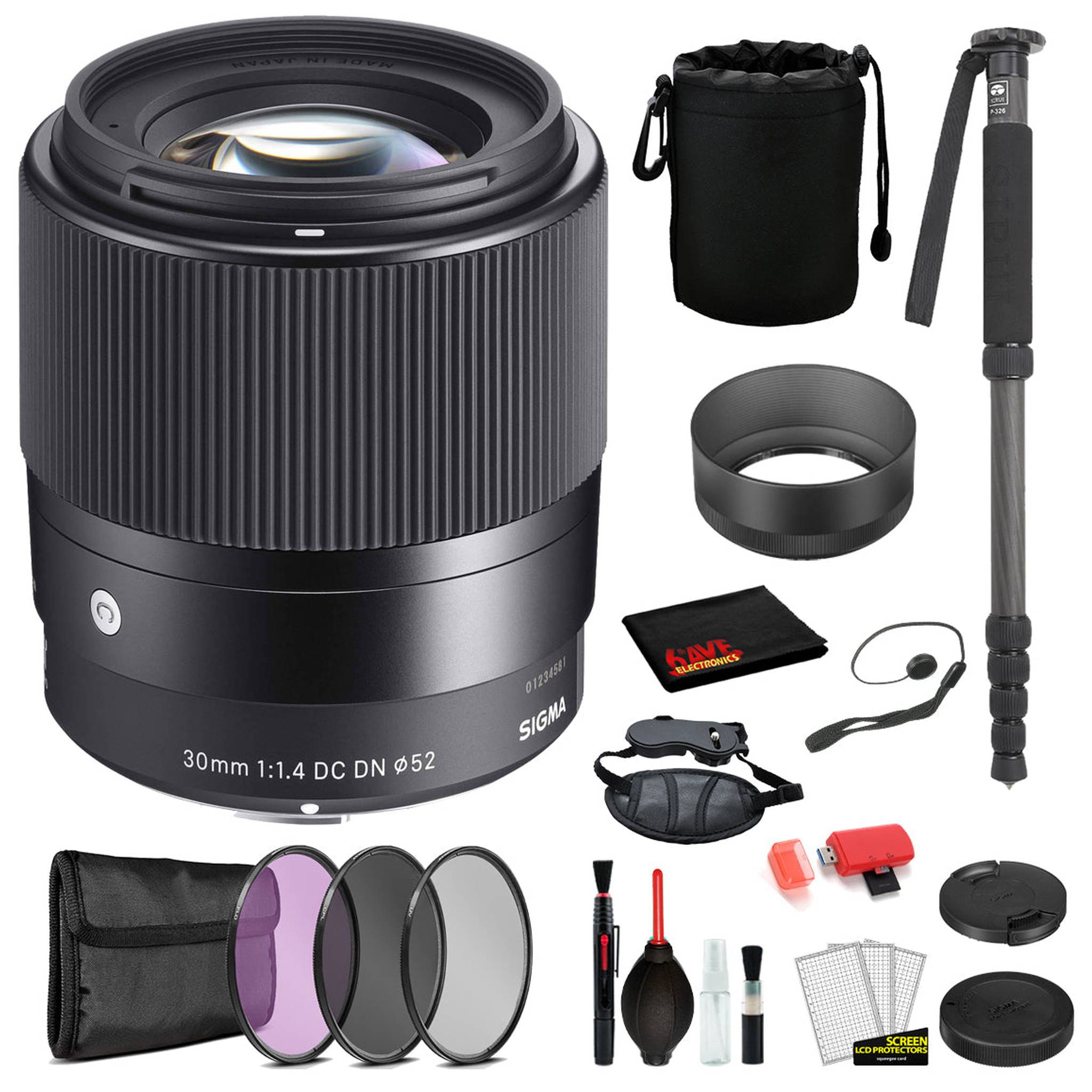 Sigma 30mm f/1.4 DC DN Contemporary Lens for Sony E Mount with: Pro Series Monopod, 3PC Filter Kit + More