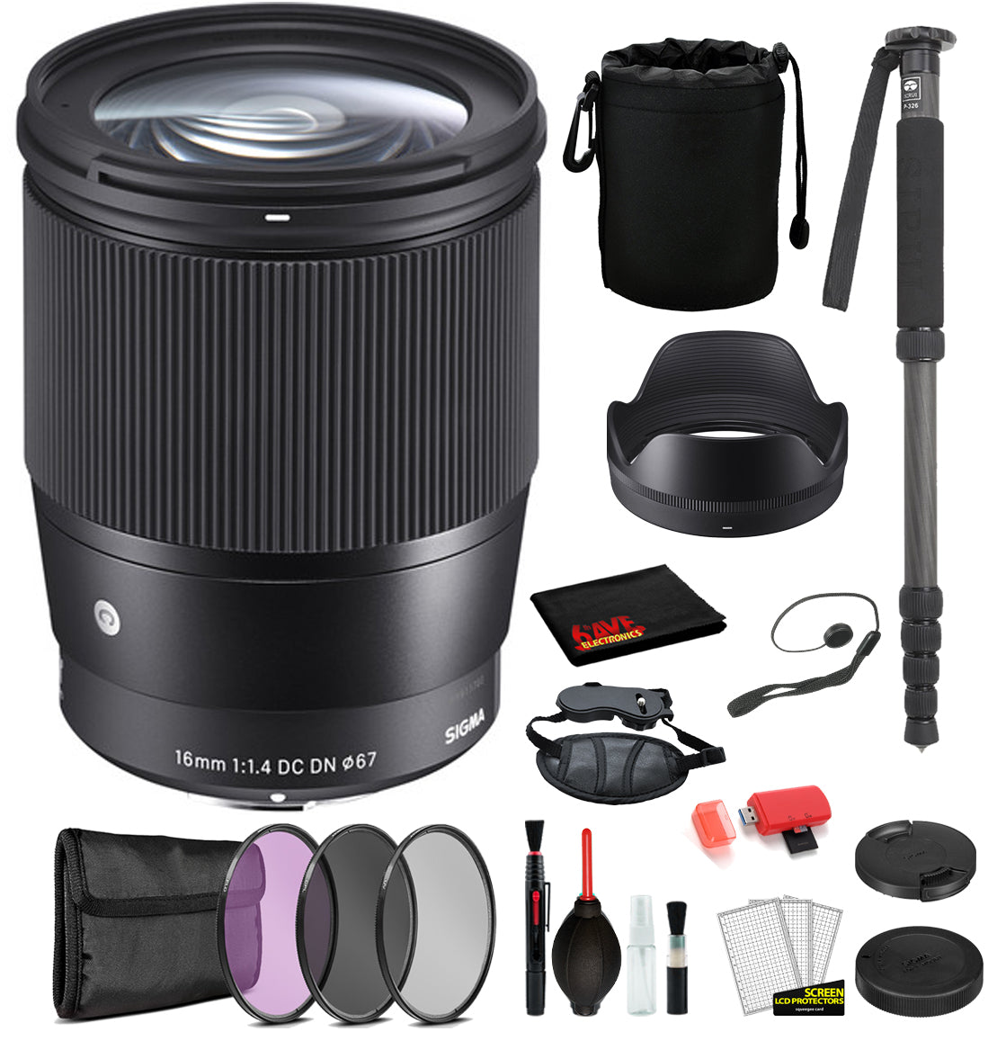 Sigma 16mm f/1.4 DC DN Contemporary Lens for Sony E Mount with: Pro Series Monopod, 3PC Filter Kit + More