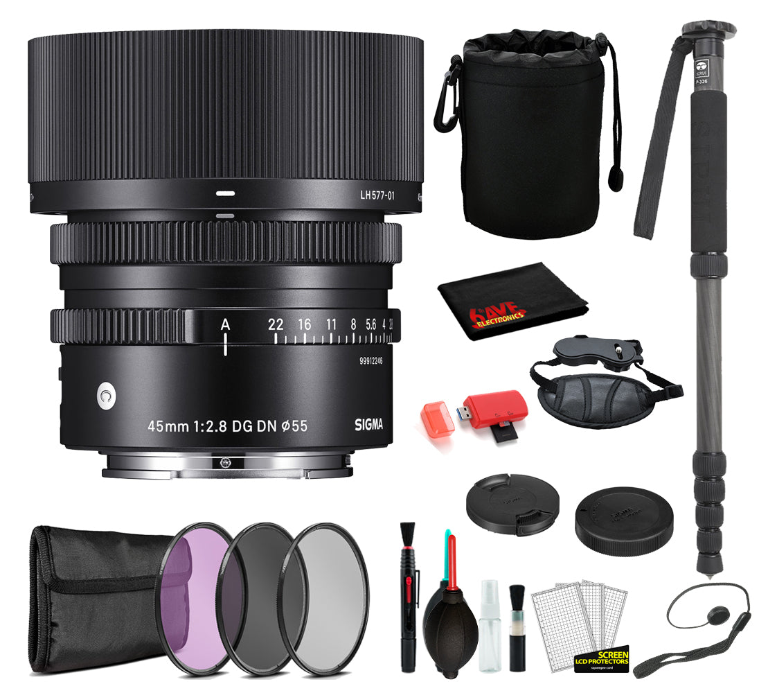 Sigma 45mm f/2.8 DG DN Contemporary Lens for Sony E Mount with: Pro Series Monopod, 3PC Filter Kit + More
