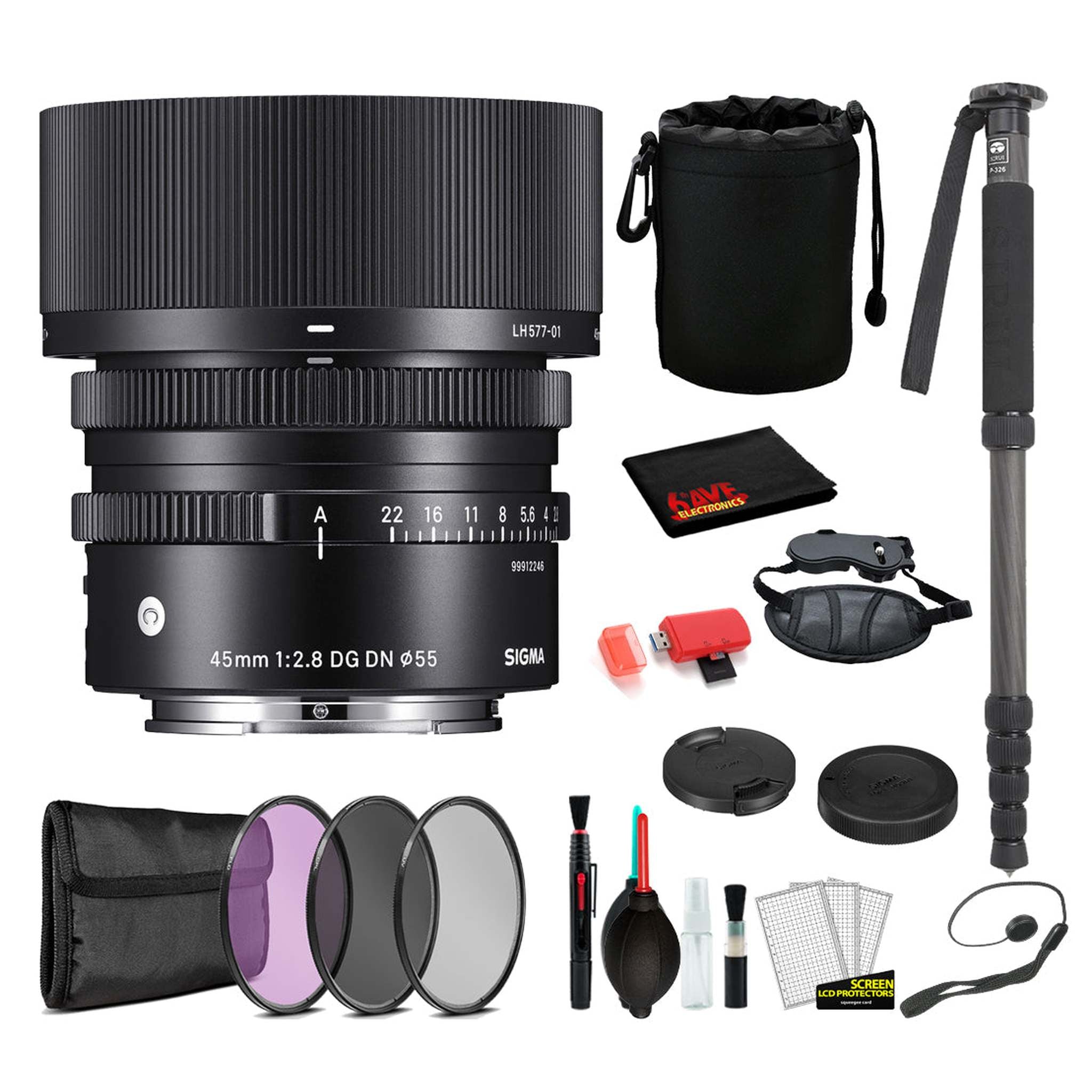 Sigma 45mm f/2.8 DG DN Contemporary Lens for Sony E Mount with: Pro Series Monopod, 3PC Filter Kit + More Sigma