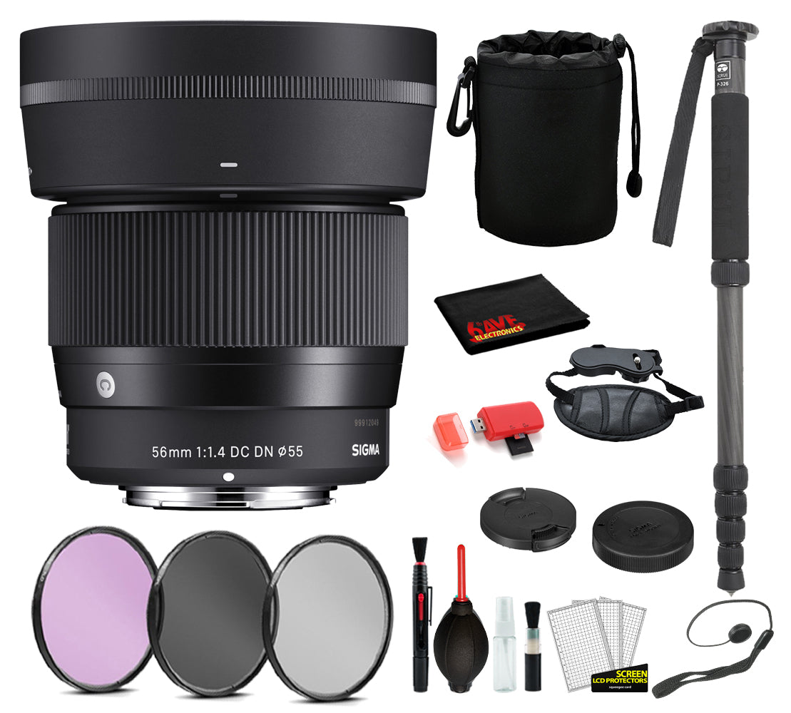 Sigma 56mm f/1.4 DC DN Contemporary Lens for Sony E Mount with: Pro Series Monopod, 3PC Filter Kit + More