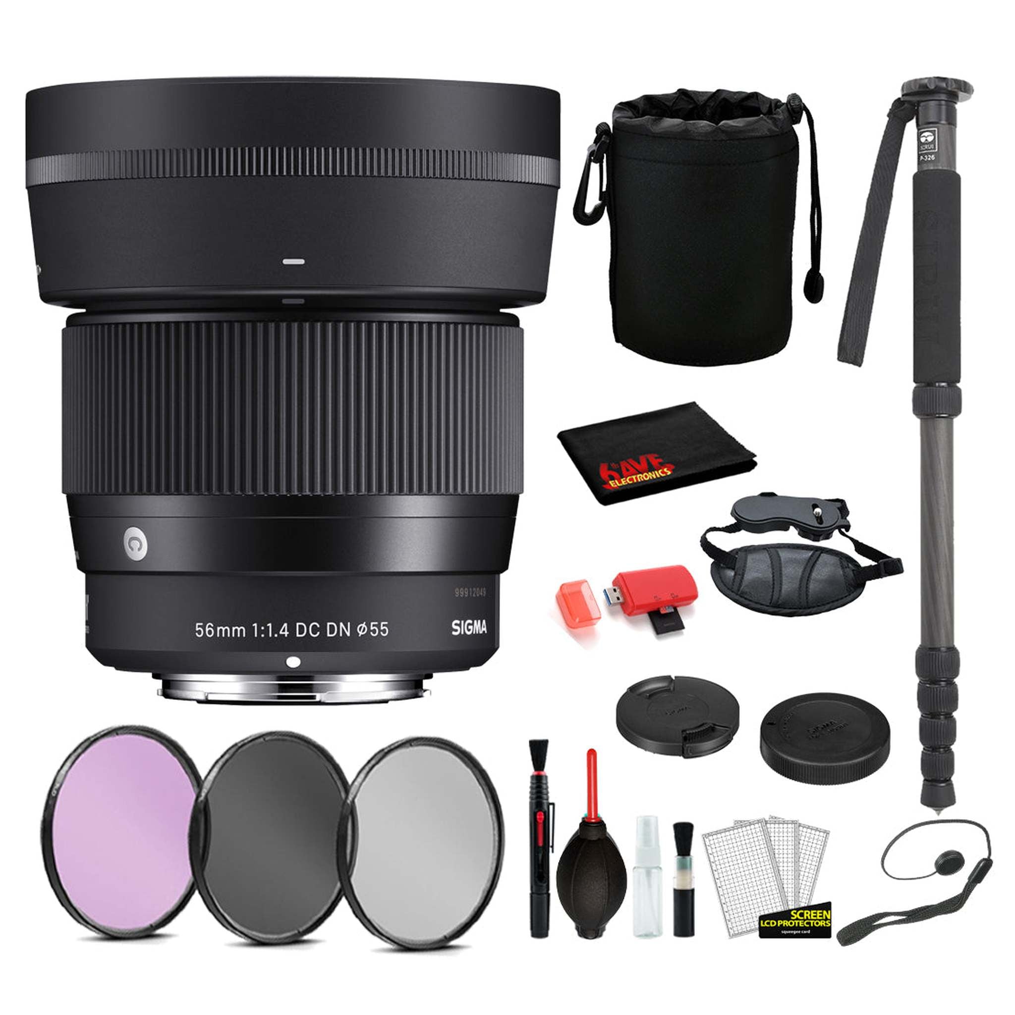Sigma 56mm f/1.4 DC DN Contemporary Lens for Sony E Mount with: Pro Series Monopod, 3PC Filter Kit + More