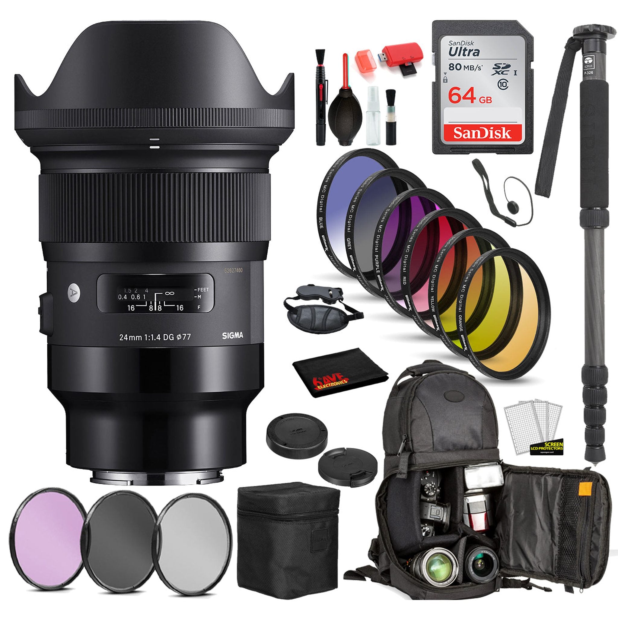 Sigma 24mm f/1.4 DG HSM Art Lens for Sony E 401965 with: Sandisk 64gb SD Card, 9PC Filter Kit + More