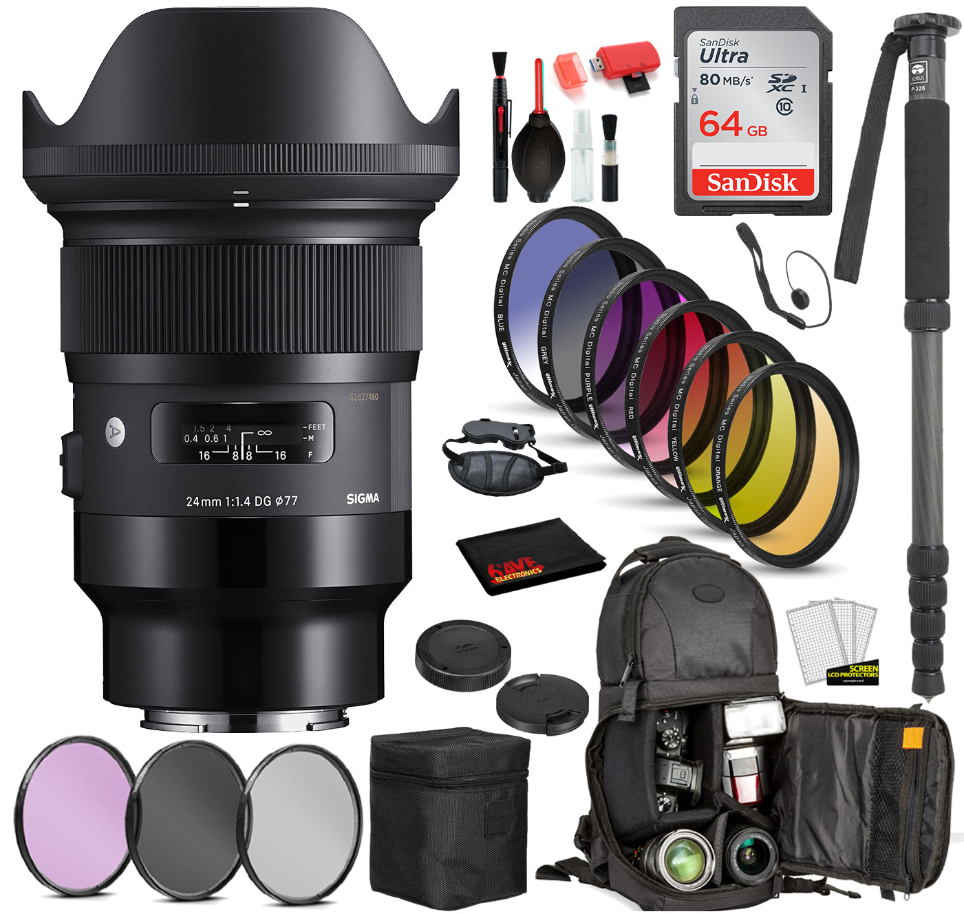 Sigma 24mm f/1.4 DG HSM Art Lens for Sony E (401965) with: Sandisk 64gb SD Card, 9PC Filter Kit + More
