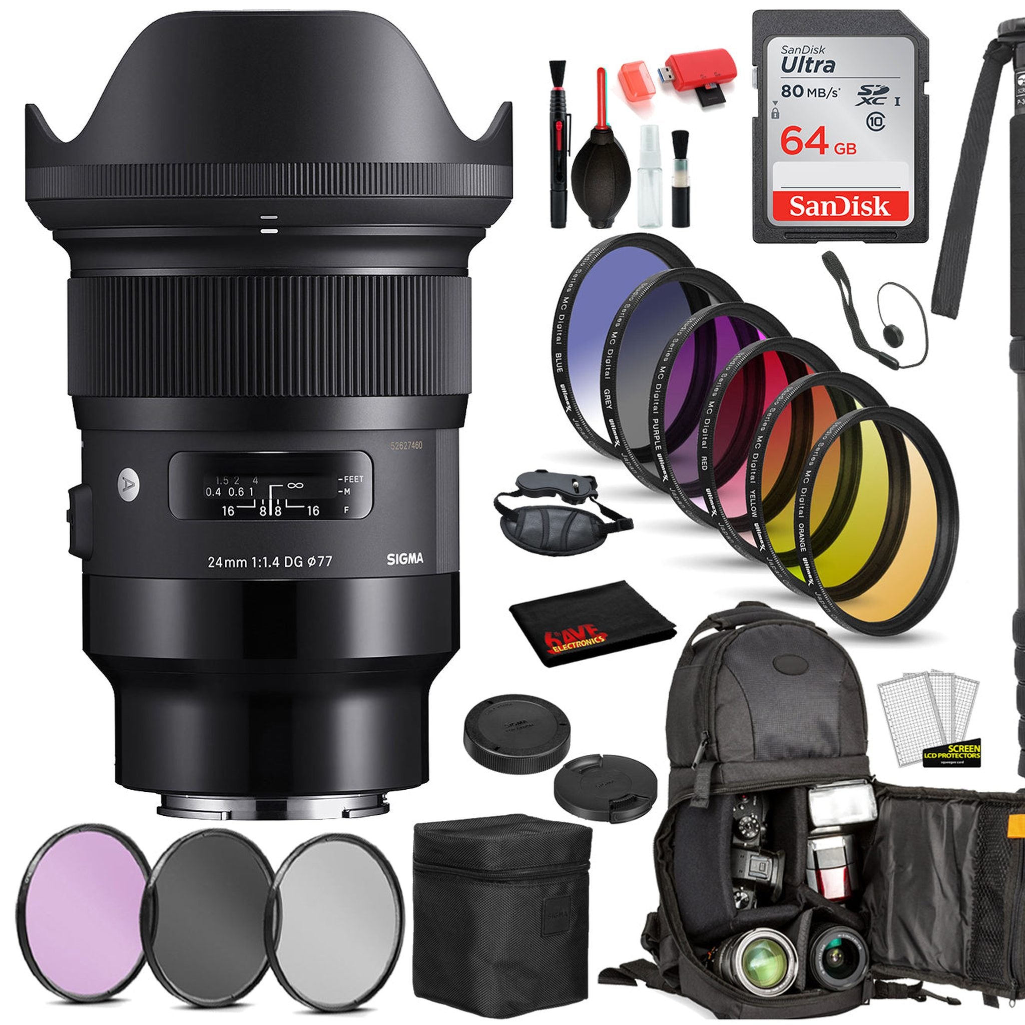 Sigma 24mm f/1.4 DG HSM Art Lens for Sony E 401965 with: Sandisk 64gb SD Card, 9PC Filter Kit + More Sigma