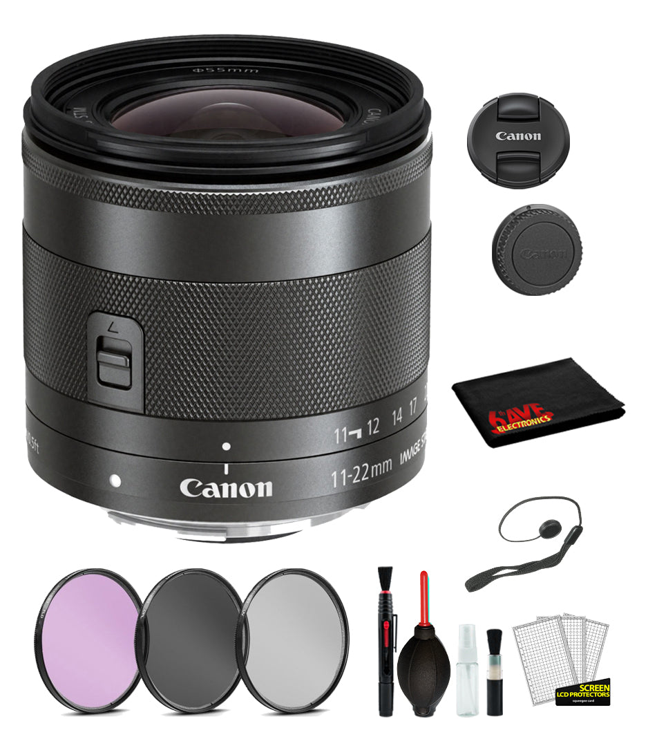 Canon EF-M 11-22mm f/4-5.6 IS STM Lens  Lens with Bundle includes 3pc Filter Kit  + Deluxe Cleaning Kit + More