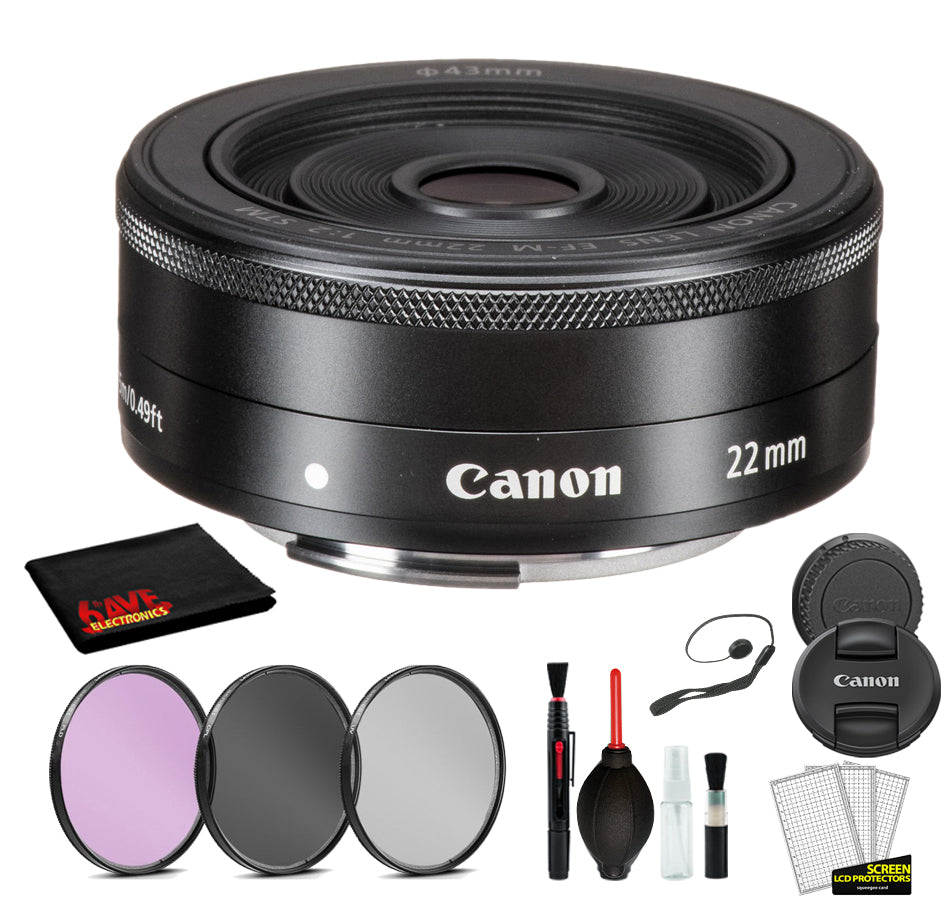 Canon EF-M 22mm f/2 STM Lens (Graphite) Lens with Bundle includes 3pc Filter Kit  + Deluxe Cleaning Kit + More