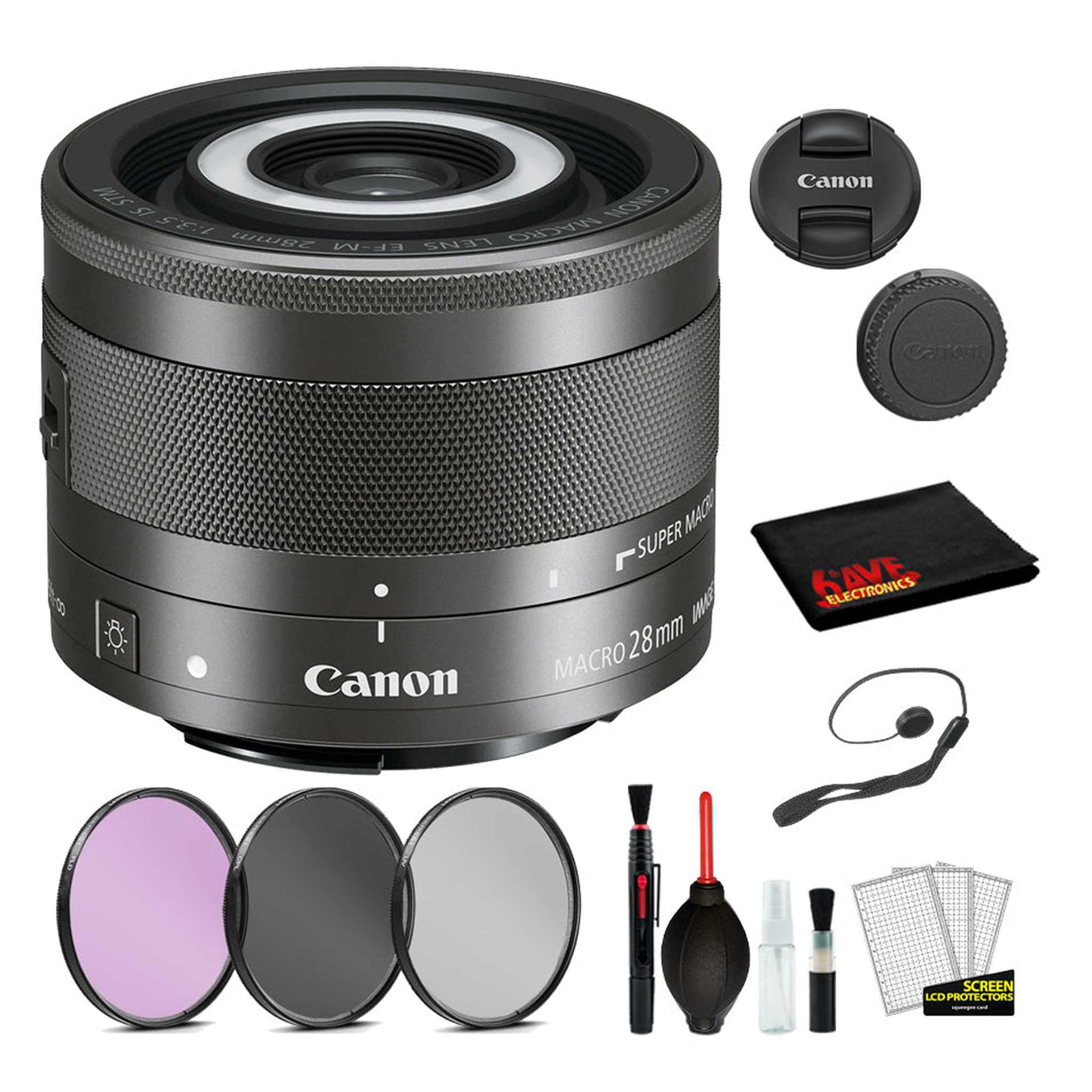 Canon EF-M 28mm f/3.5 Macro IS STM Lens 1362C002 Lens with Bundle includes 3pc Filter Kit + Deluxe Cleaning Kit + More