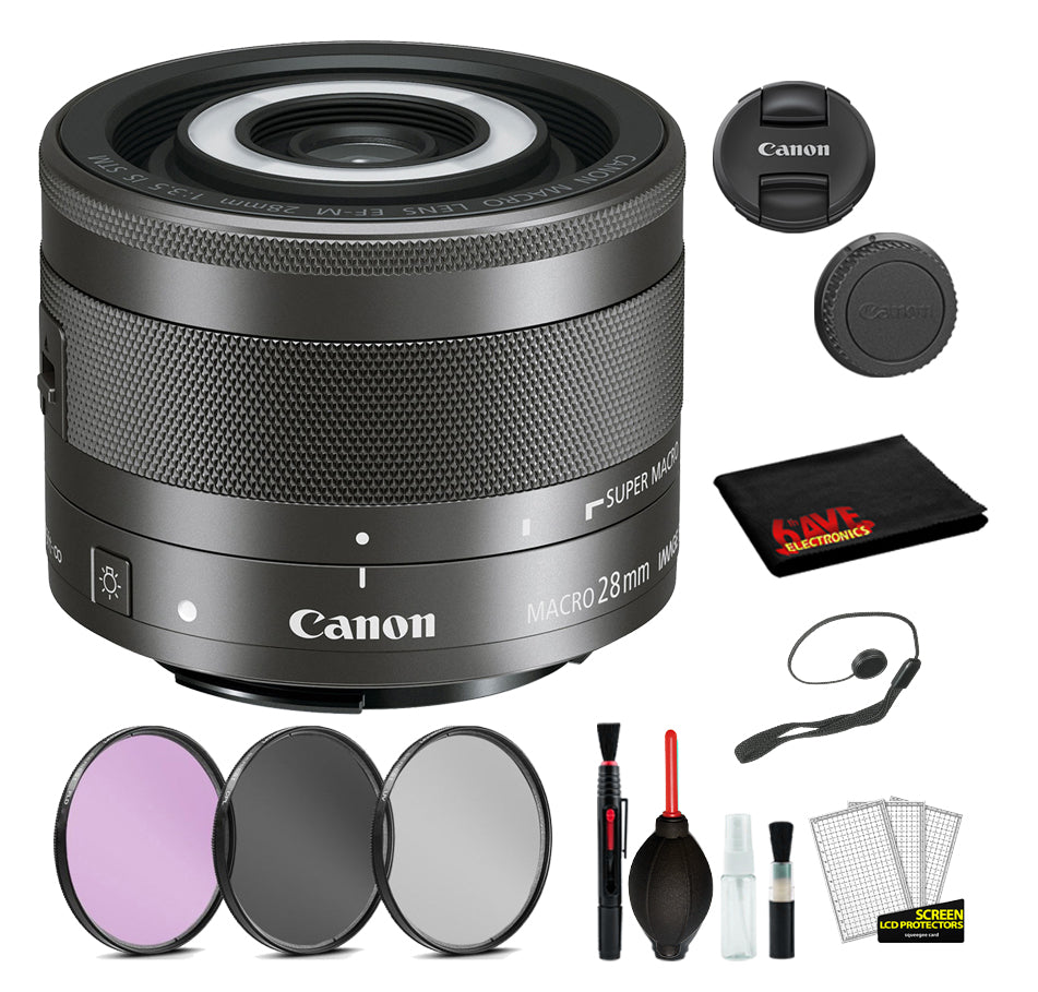 Canon EF-M 28mm f/3.5 Macro IS STM Lens (1362C002) Lens with Bundle includes 3pc Filter Kit + Deluxe Cleaning Kit + More