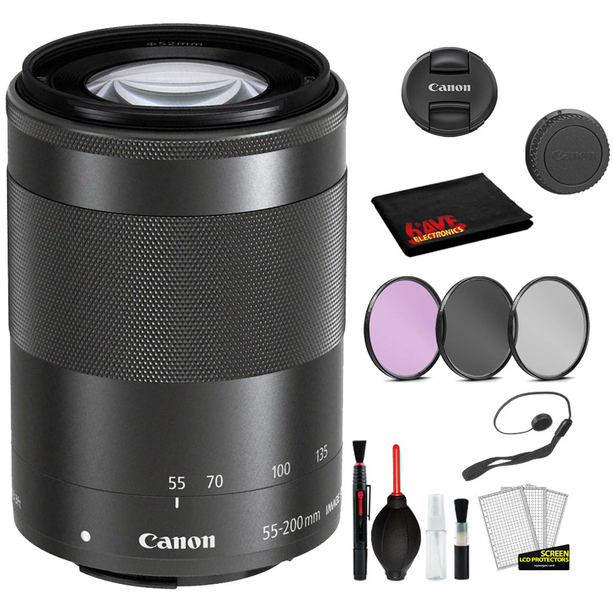 Canon EF-M 55-200mm f/4.5-6.3 IS STM Lens Black Lens Bundle includes 3pc Filter Kit + Deluxe Cleaning Kit + More Canon