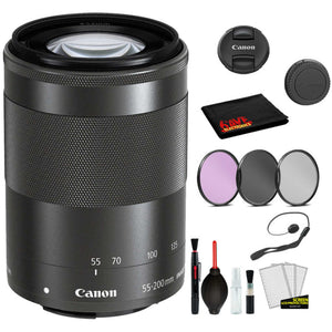 Canon EF-M 55-200mm f/4.5-6.3 IS STM Lens Black Lens Bundle includes 3pc Filter Kit + Deluxe Cleaning Kit + More Canon