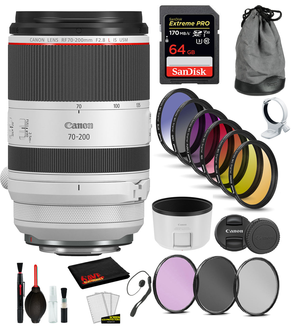 Canon RF 70-200mm f/2.8L IS USM Lens  (3792C002) withBundle  Includes: 9PC Filter Kit, Sandisk Extreme Pro 64gb + More