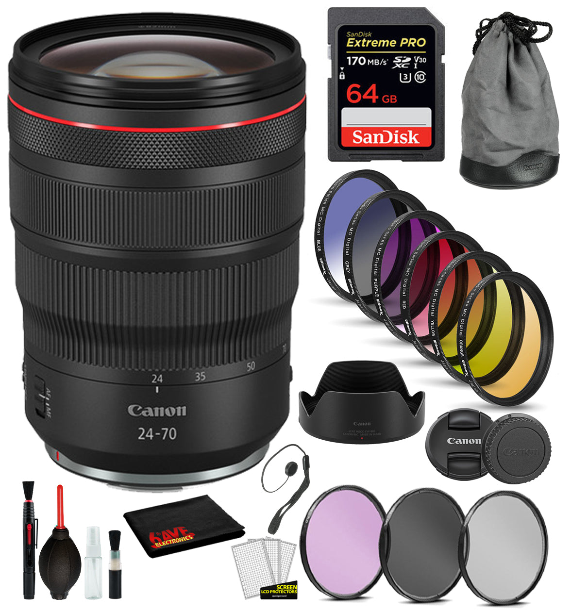 Canon RF 24-70mm f/2.8L IS USM Lens (3680C002) with Bundle  Includes: 9PC Filter Kit, Sandisk Extreme Pro 64gb + More