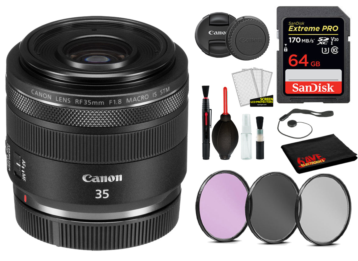 Canon RF 35mm f/1.8 IS Macro STM Lens (2973C002) with  Bundle  Includes: 9PC Filter Kit, Sandisk Extreme Pro 64gb + More