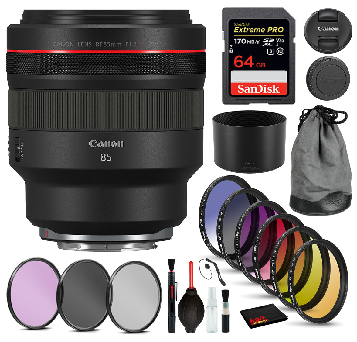 Canon RF 85mm f/1.2L USM Lens (3447C002) with  Bundle Includes: 9PC Filter Kit, Sandisk Extreme Pro 64gb + More