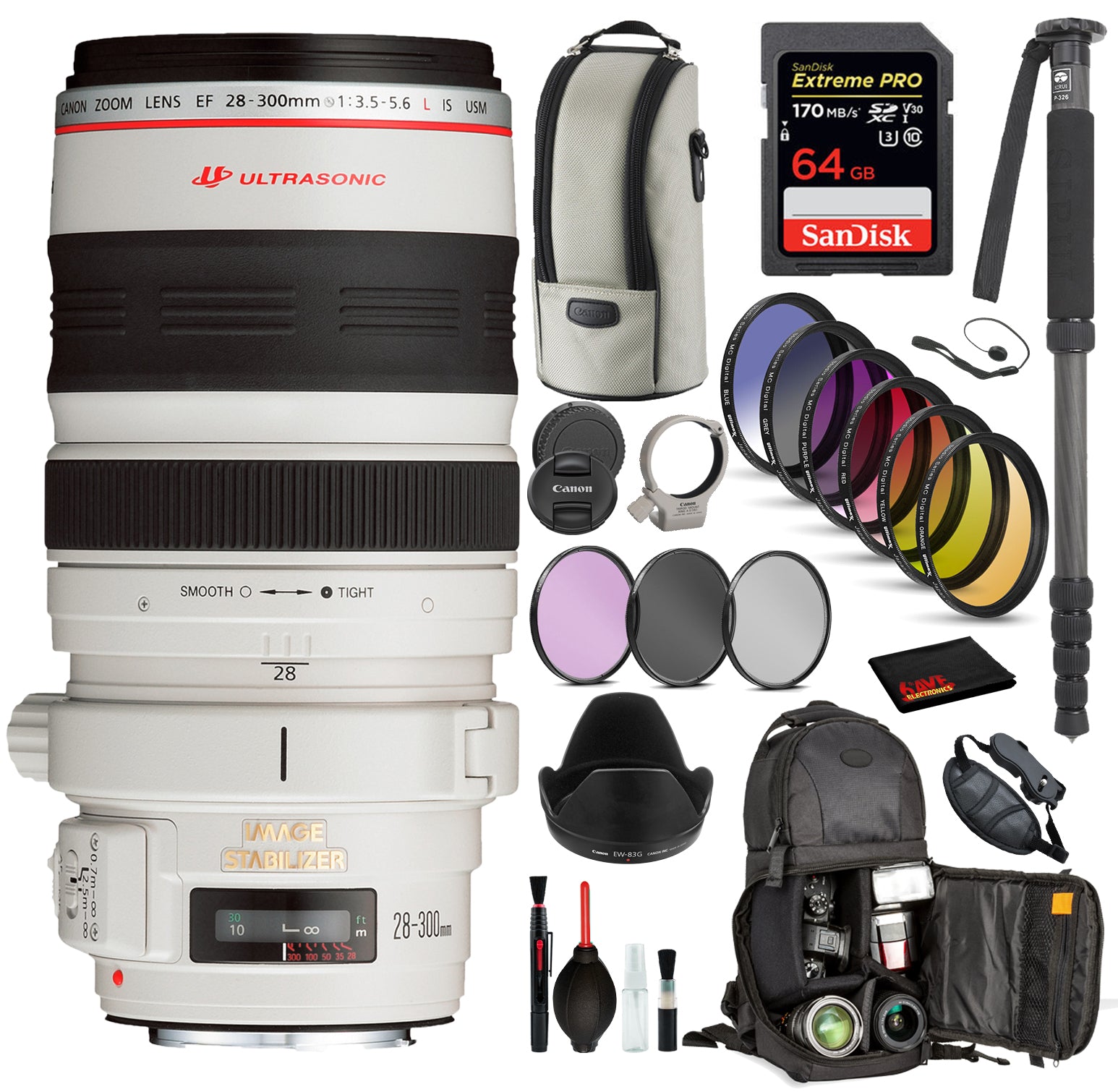 Canon EF 28-300mm f/3.5-5.6L IS USM Lens (9322A002) with Bundle : 9PC Filter Kit, Sandisk Extreme Pro 64gb + More