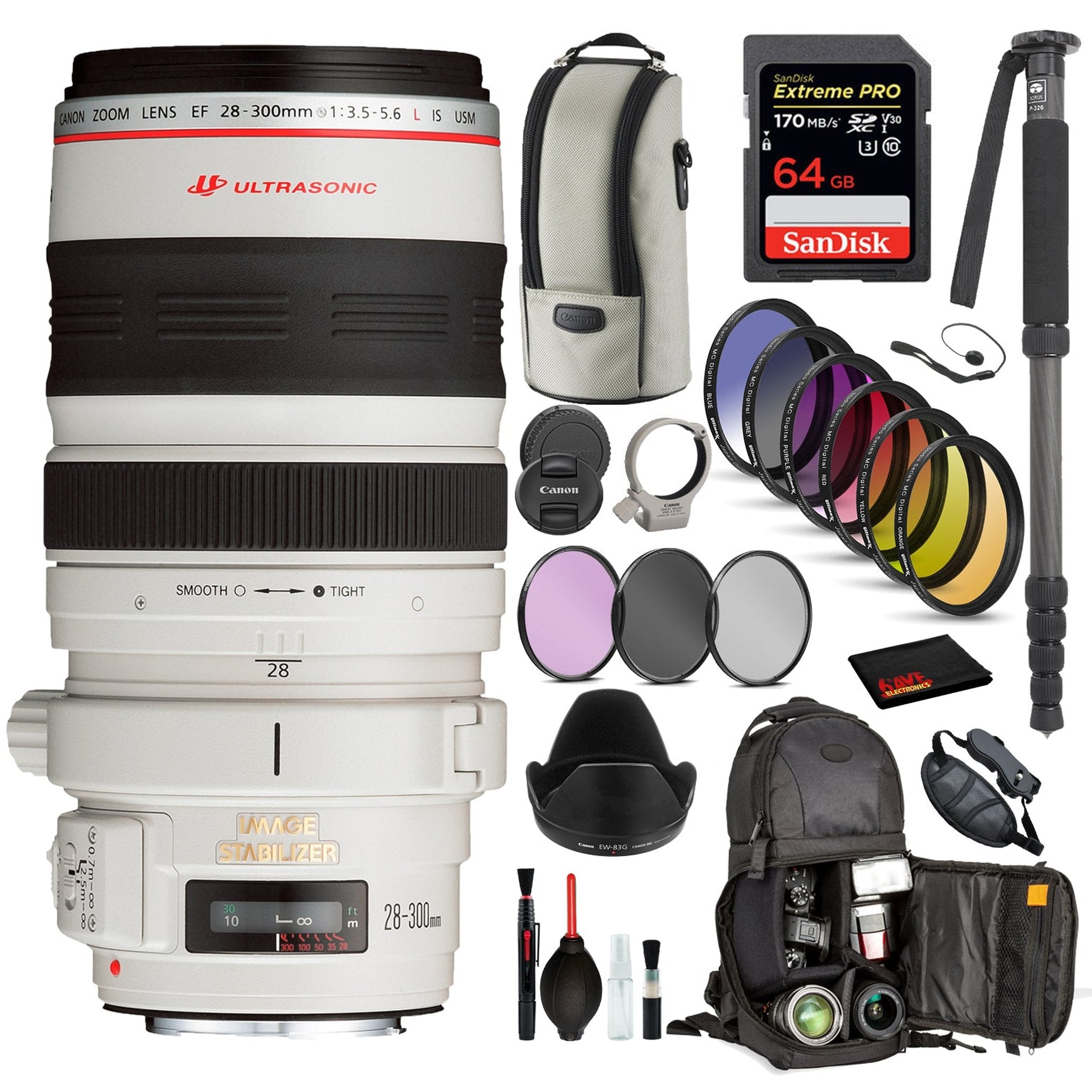 Canon EF 28-300mm f/3.5-5.6L IS USM Lens 9322A002 with Bundle : 9PC Filter Kit, Sandisk Extreme Pro 64gb + More