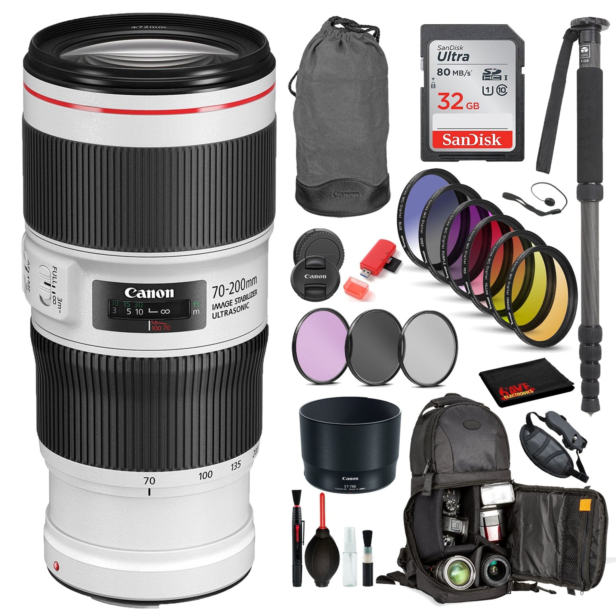 Canon EF 70-200mm f/4L IS II USM Lens 2309C002 with Bundle Includes: 9PC Filter Kit, Sandisk 32GB SD + More