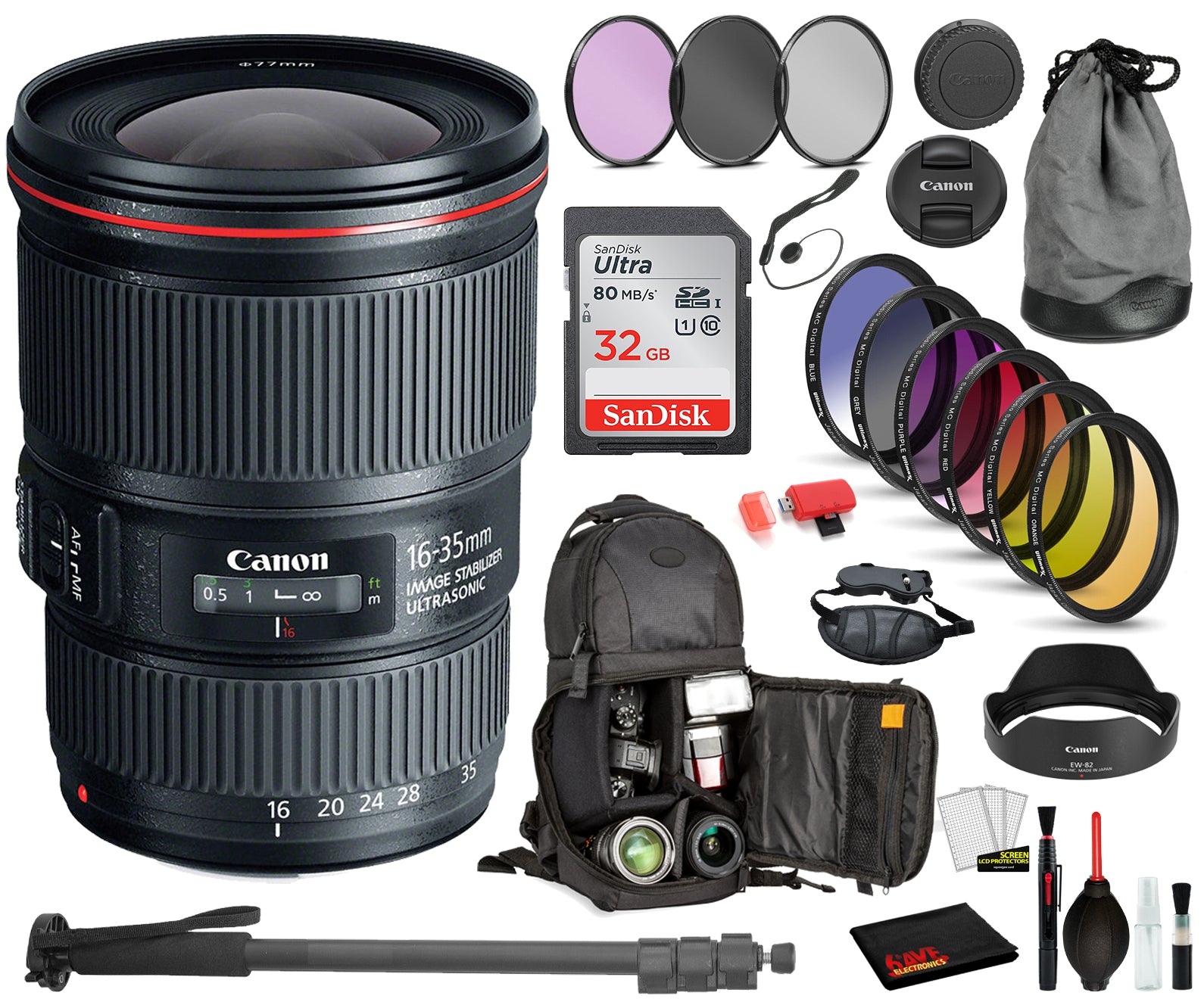 Canon EF 16-35mm f/4L IS USM Lens (9518B002) with Bundle  Includes:  9PC Filter Kit, Sandisk 32GB SD + More