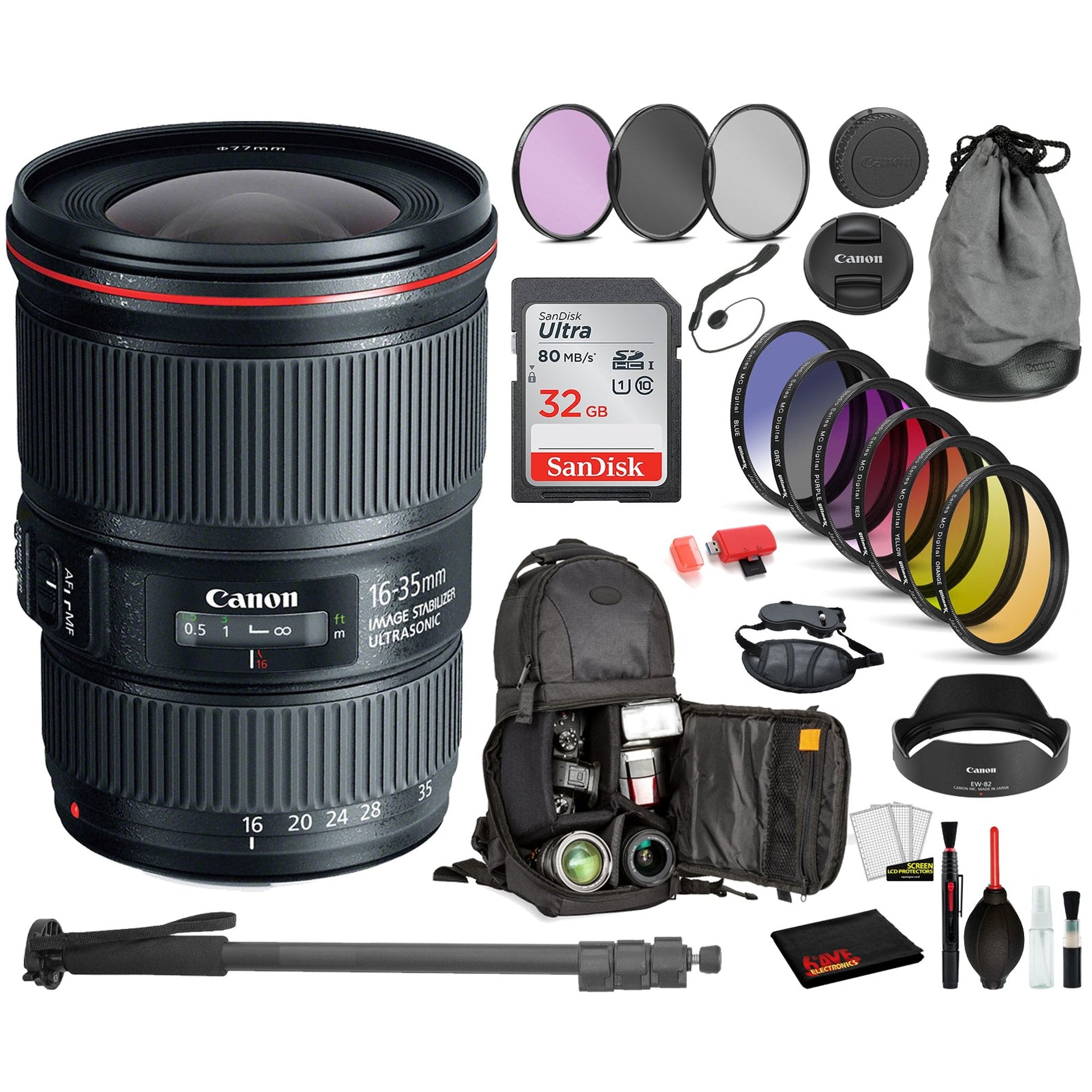 Canon EF 16-35mm f/4L IS USM Lens 9518B002 with Bundle Includes: 9PC Filter Kit, Sandisk 32GB SD + More