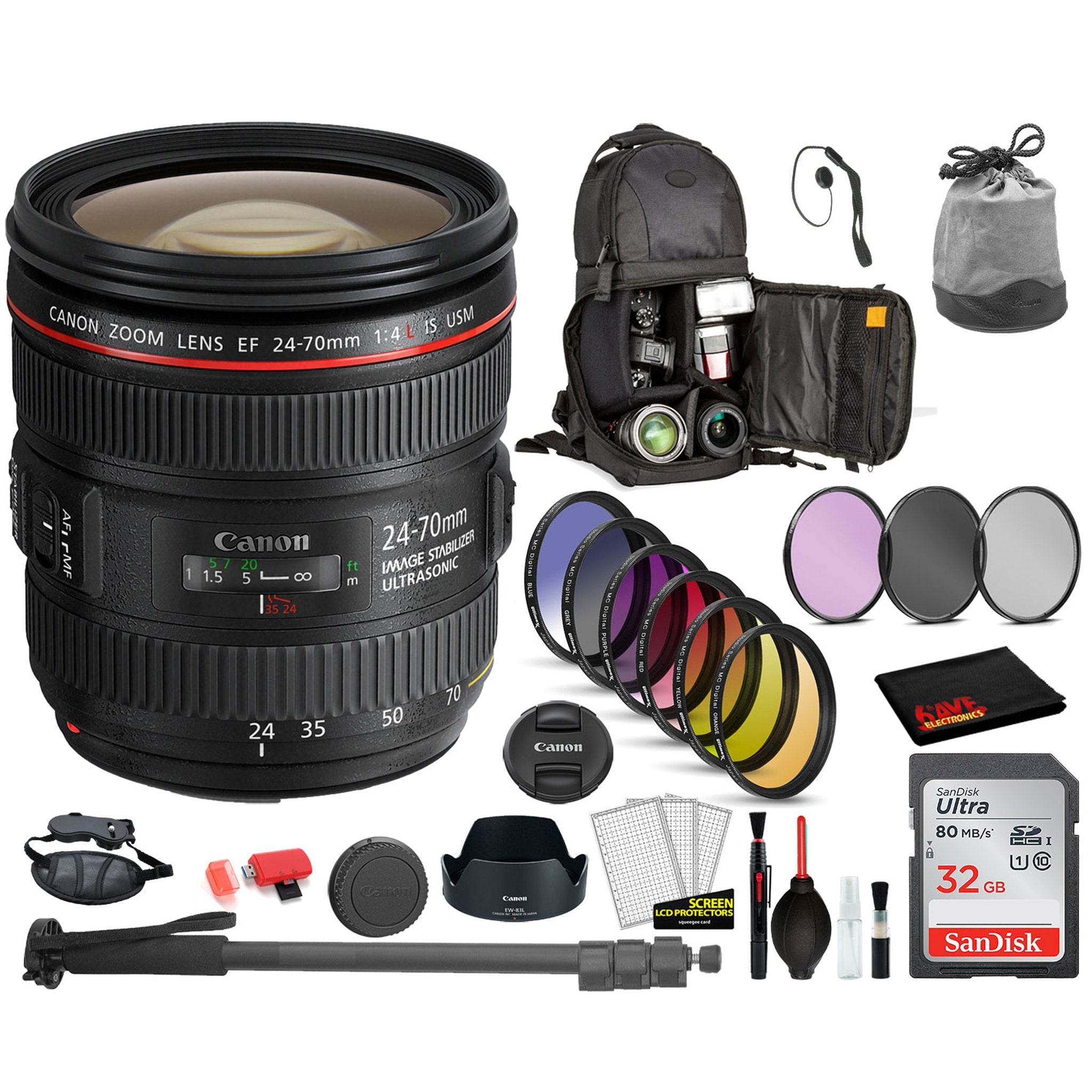 Canon EF 24-70mm f/4L IS USM Lens 6313B002 with Bundle Includes: 9PC Filter Kit, Sandisk 32GB SD + More