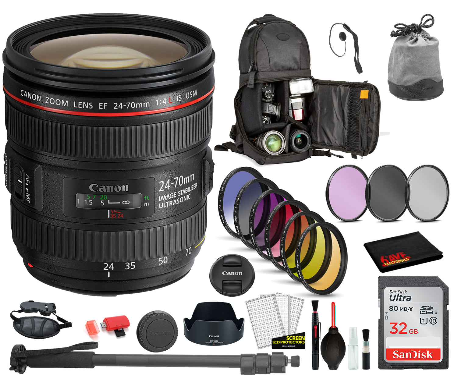 Canon EF 24-70mm f/4L IS USM Lens  (6313B002) with  Bundle Includes: 9PC Filter Kit, Sandisk 32GB SD + More