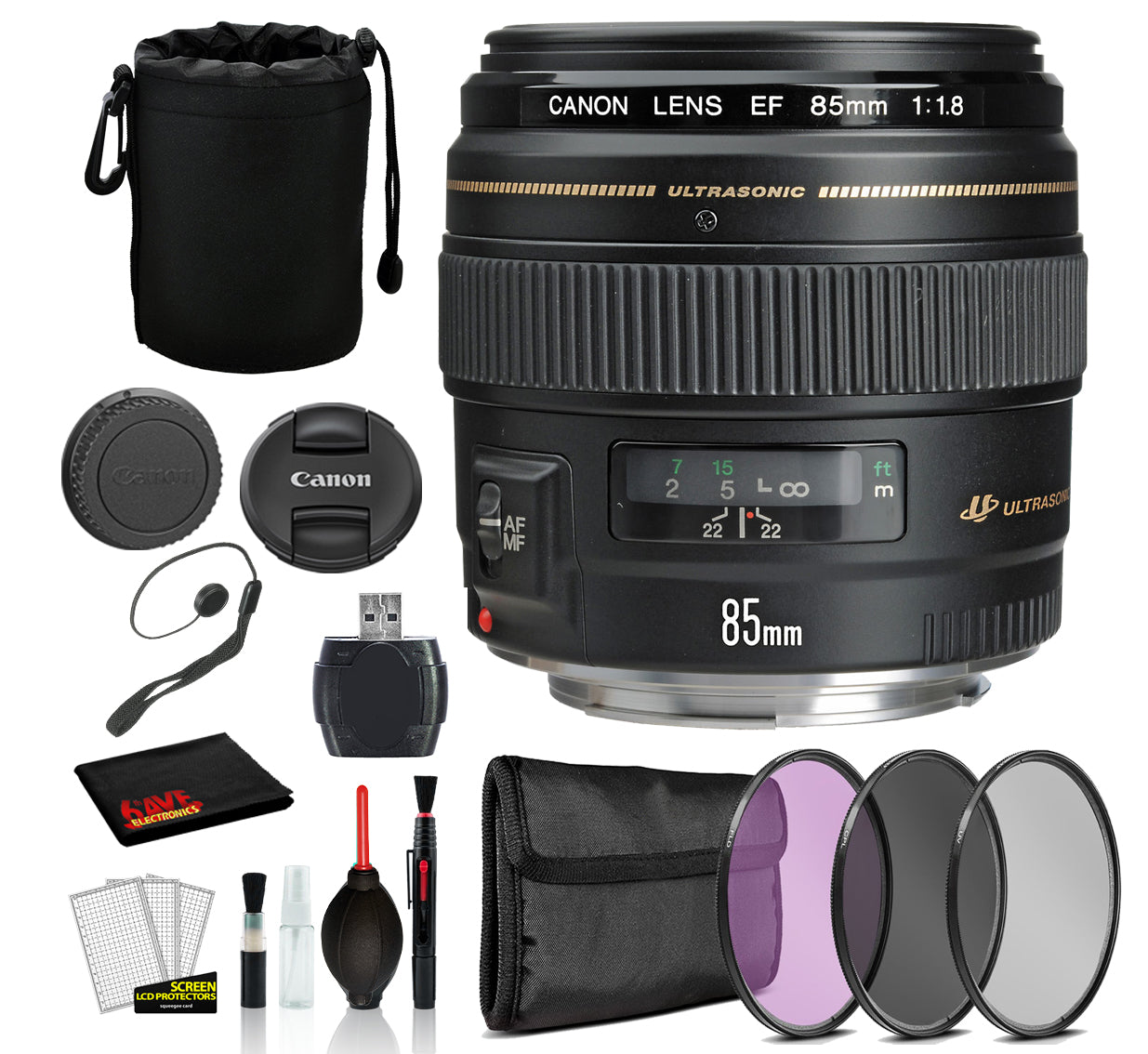 Canon EF 85mm f/1.8 USM Lens (2519A003) Lens with Bundle  includes 3pc Filter Kit (UV, CPL, FLD) + Lens Pouch + More