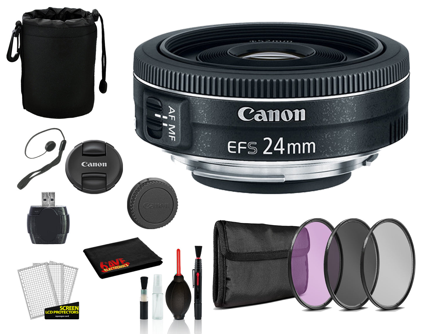 Canon EF-S 24mm f/2.8 STM Lens  (9522B002) Lens with Bundle  includes 3pc Filter Kit (UV, CPL, FLD) + Lens Pouch + More