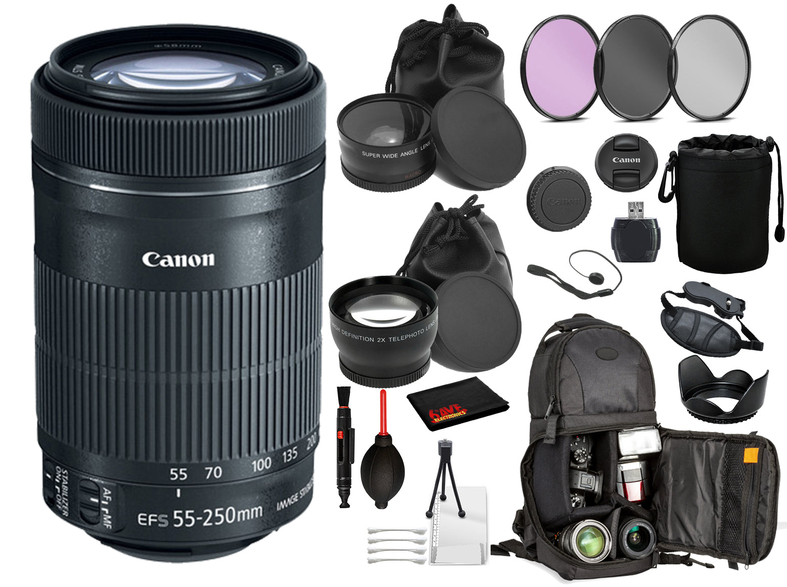 Canon EF-S 55-250mm f/4-5.6 IS STM Lens (8546B002) Lens with Bundle includes- 3pc Filters + DSLR Sling Backpack + More