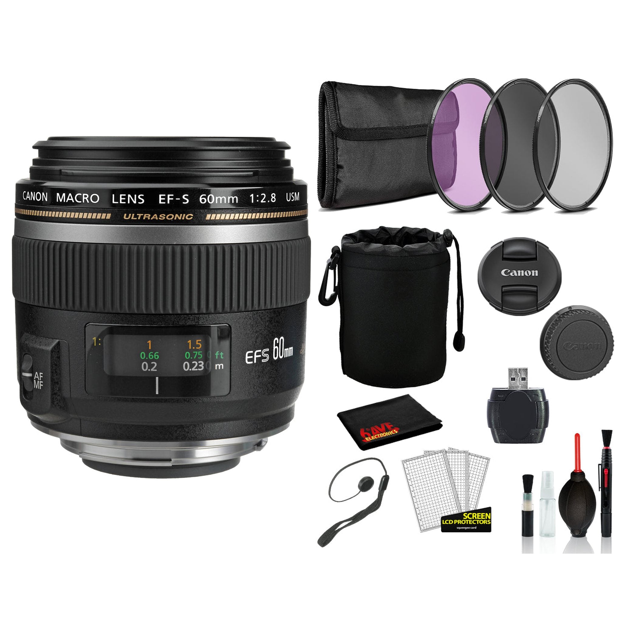 Canon EF-S 60mm f/2.8 Macro USM Lens 0284B002 Lens with Bundle includes 3pc Filter Kit + Lens Pouch + More
