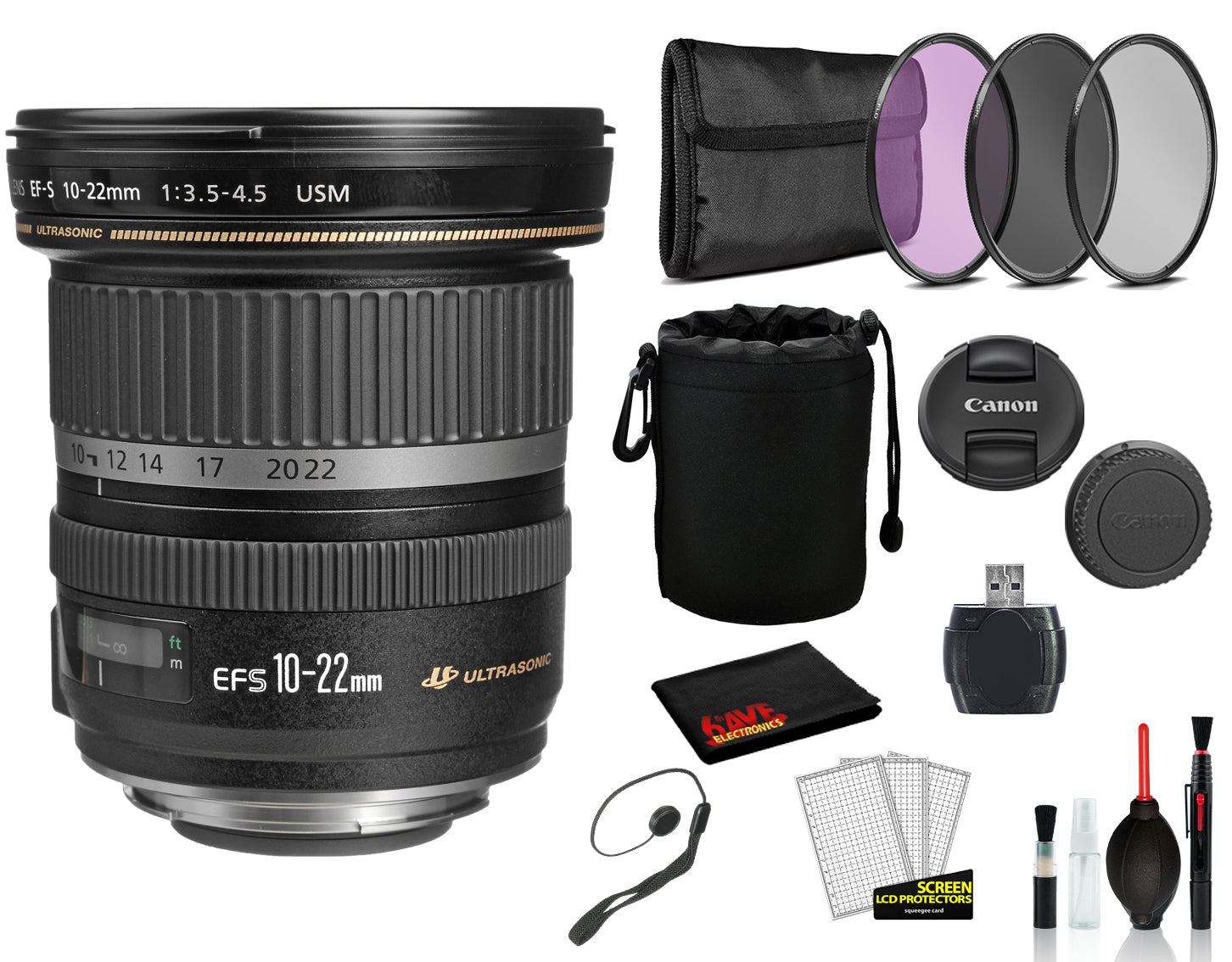 Canon EF-S 10-22mm f/3.5-4.5 USM (9518A002) Lens with Bundle includes 3pc Filter Kit  + Lens Pouch + More