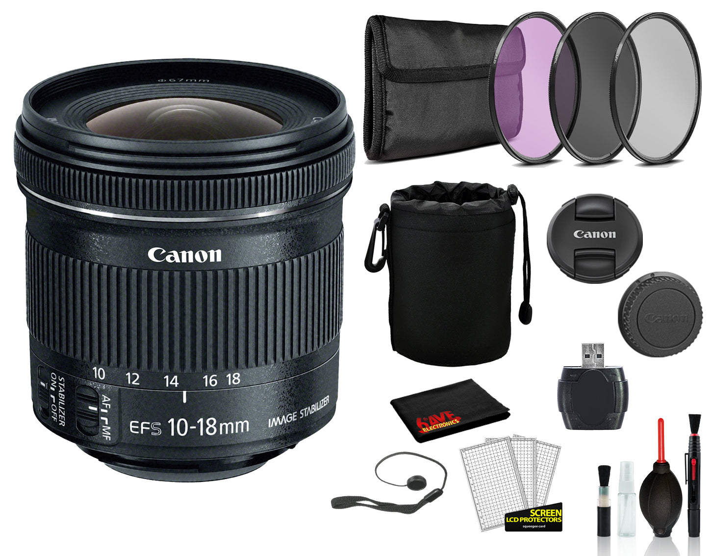 Canon EF-S 10-18mm f/4.5-5.6 IS STM Lens (9519B002) Lens with Bundle includes 3pc Filter Kit + Lens Pouch + More