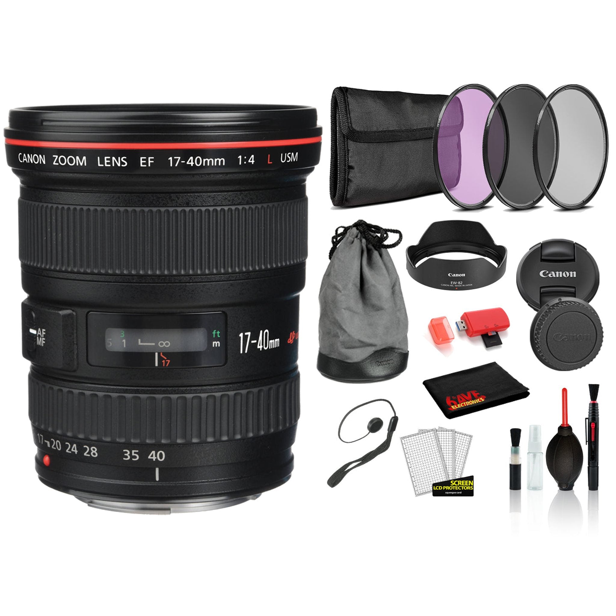 Canon EF 17-40mm f/4L USM Lens 8806A002 Lens with Bundle includes 3pc Filter Kit + Deluxe Lens Cleaning Kit + More Canon