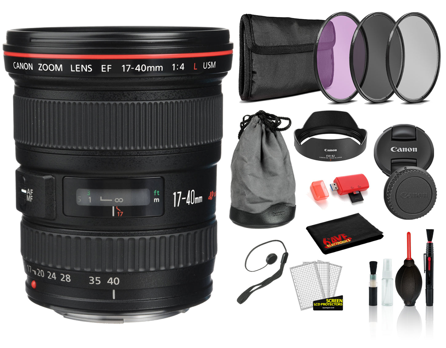 Canon EF 17-40mm f/4L USM Lens (8806A002) Lens with Bundle includes 3pc Filter Kit) + Deluxe Lens Cleaning Kit + More